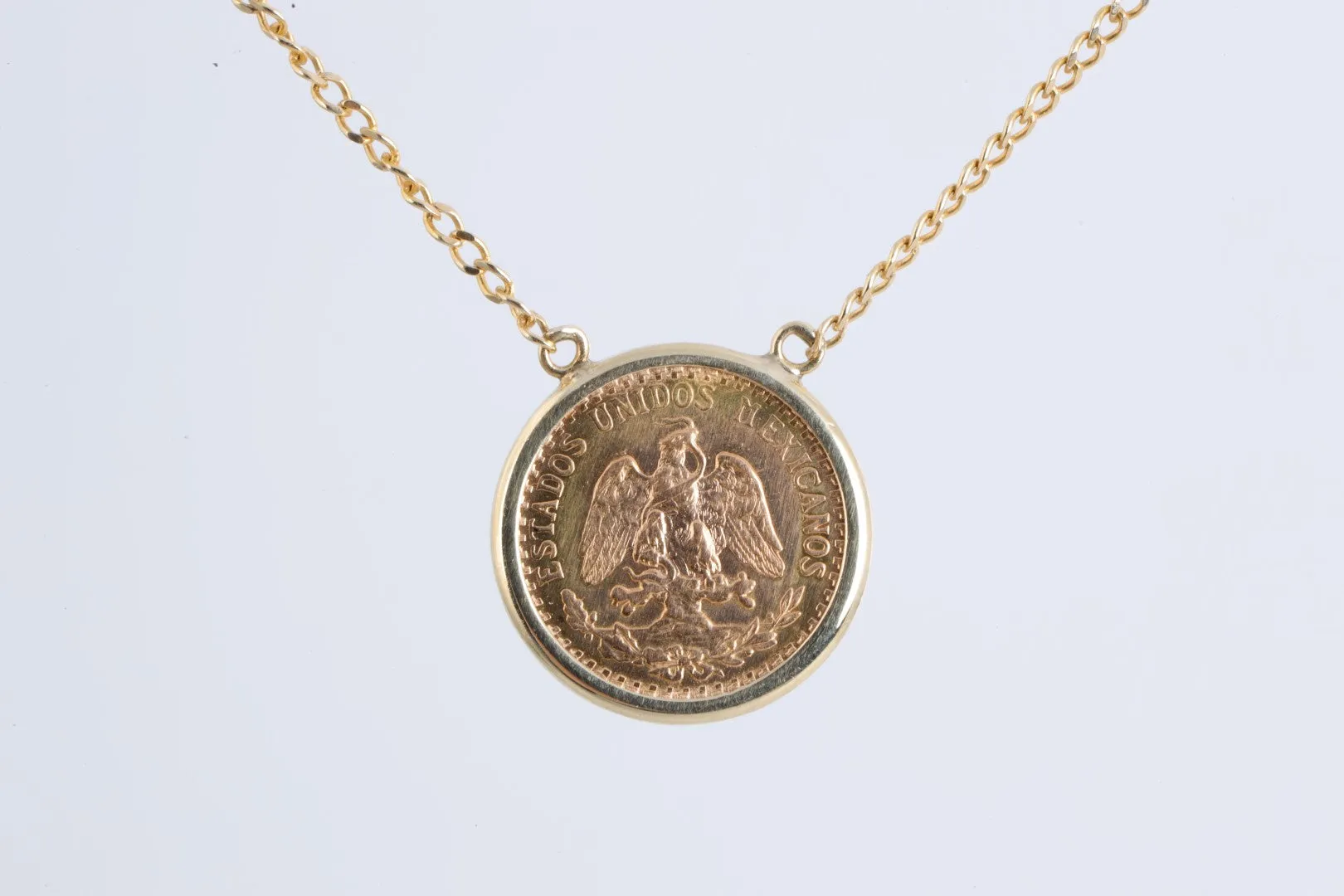 15.5" 900 Gold 2 Pesos 1945 Coin w/ 14k Yellow Gold Chain & Bezel (3.62g.)