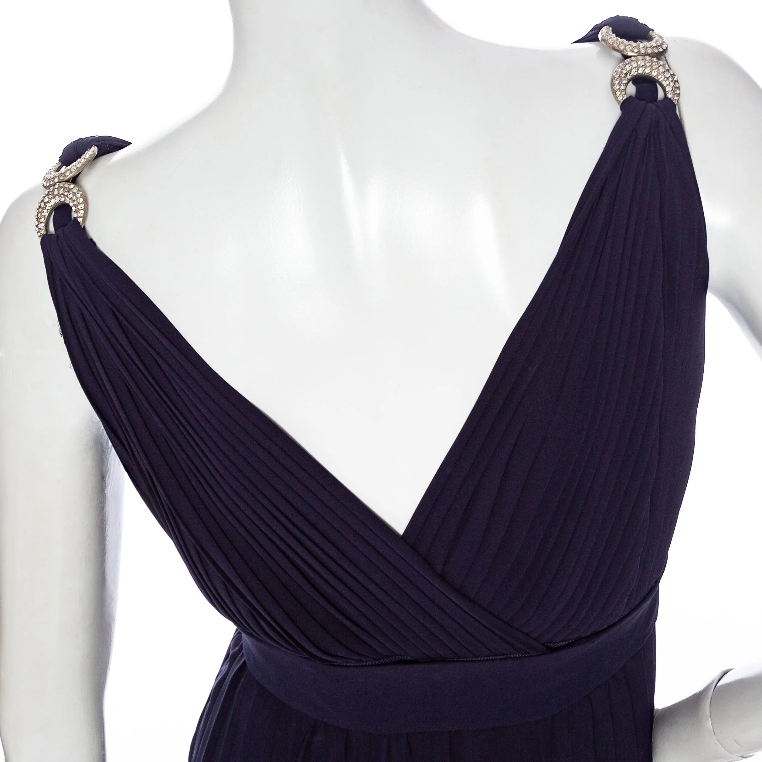 1970s Navy Pleated Two-Piece Rhinestone Maxi Dress