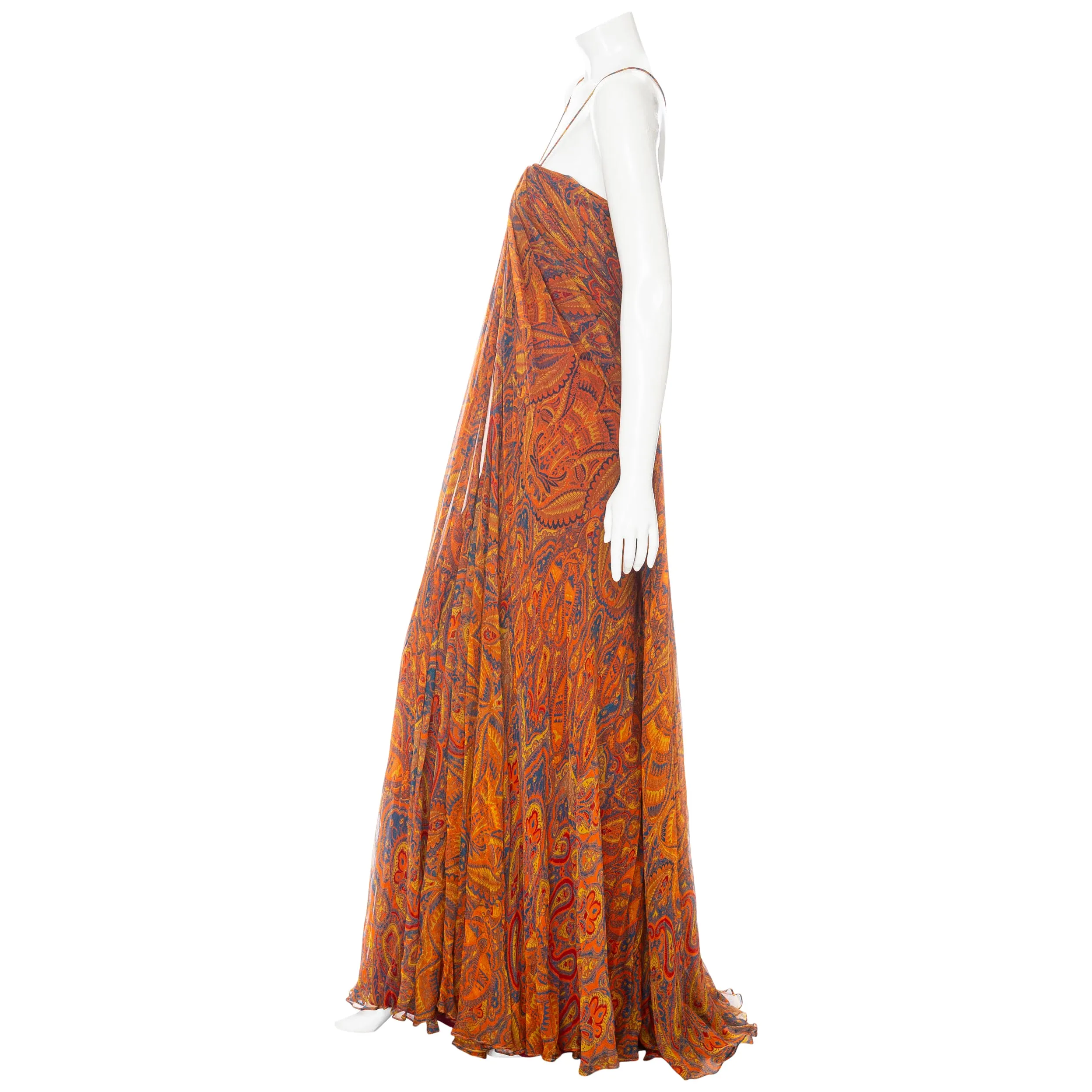 2008 Orange Silk Multicolored Paisley Print Draped Gown