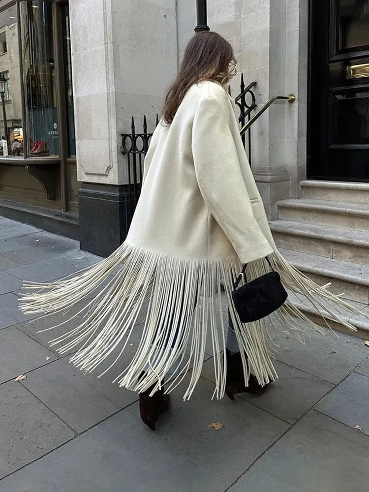 2023 Autumn New Solid Tassel Woolen Blends Coat Women  Fashion  Overcoats