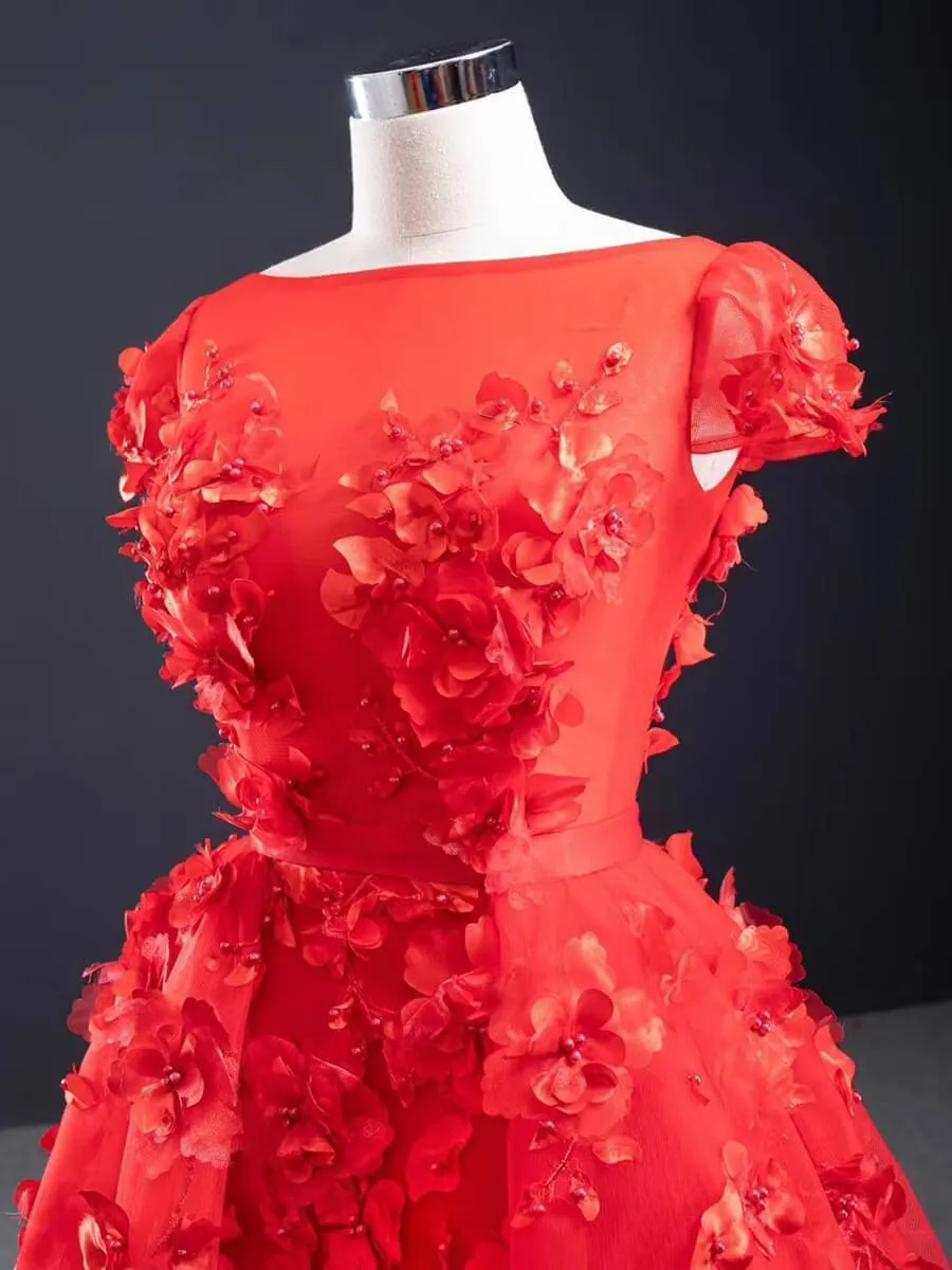 3D Floral Red Long Prom Dresses Detachable Train Mermaid Formal Dress FD2119