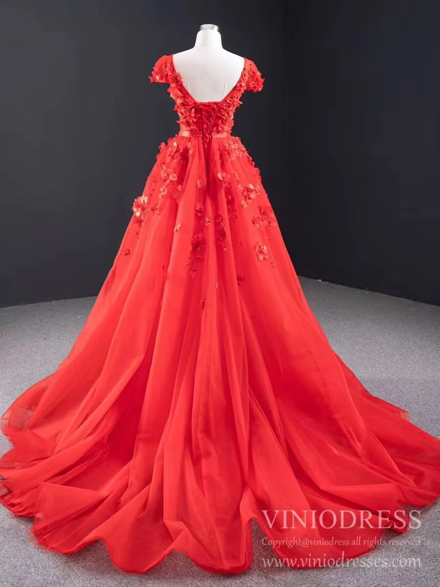 3D Floral Red Long Prom Dresses Detachable Train Mermaid Formal Dress FD2119