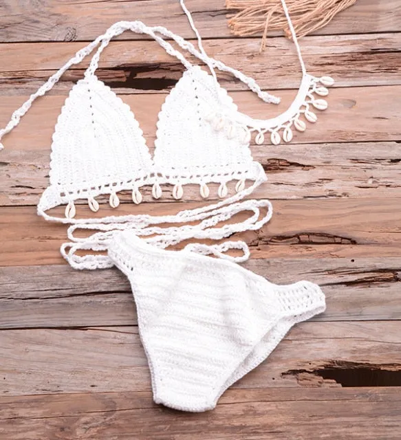 3pcs Bikini Set Woman Crochet Shell Tassel Bikini Sets And Seashell Ankle Chain