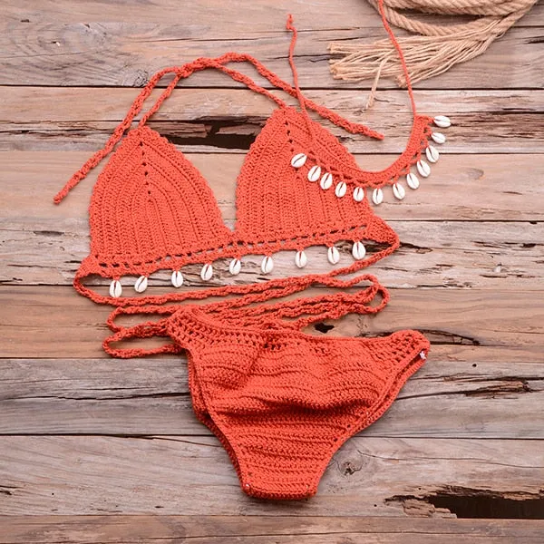 3pcs Bikini Set Woman Crochet Shell Tassel Bikini Sets And Seashell Ankle Chain