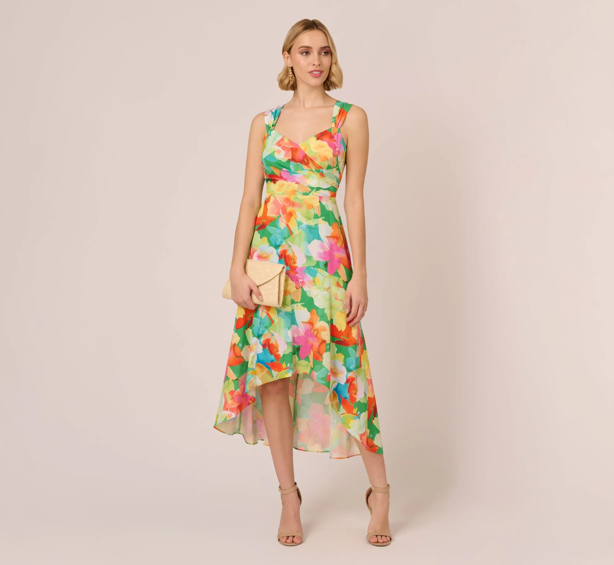 Abstract Floral Print High Low Dress With Flounce Skirt In Green Multi