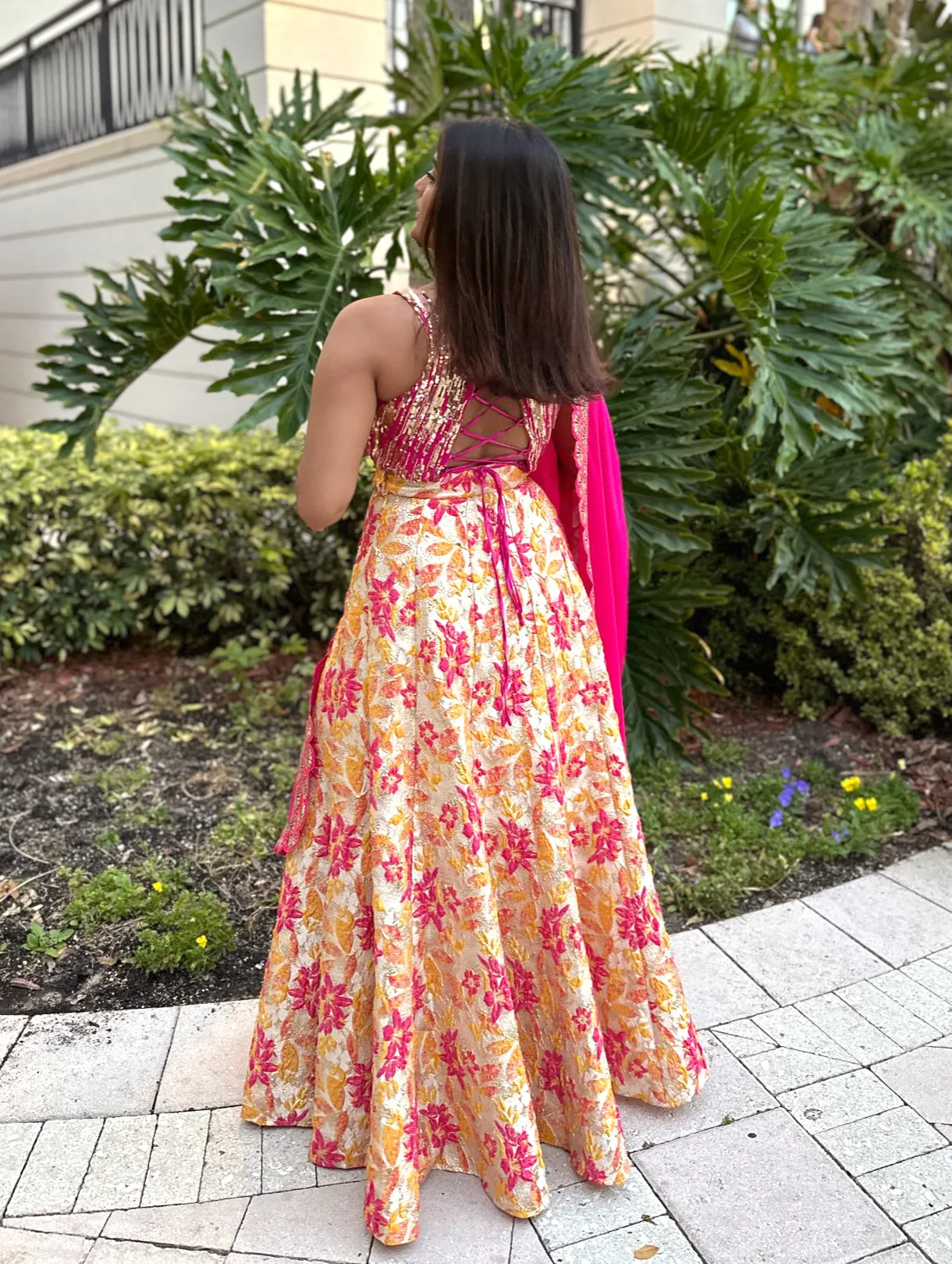 AGNI Yellow and Pink Lehenga Skirt