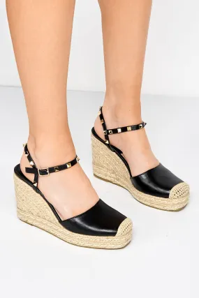 Alala Round Toe Studded Anklestrap Espadrille Wedge in Black