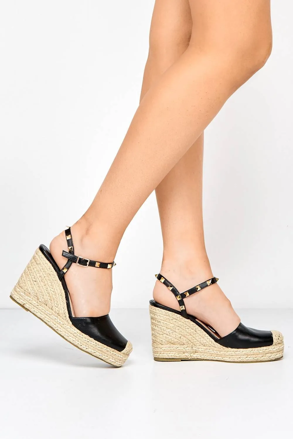 Alala Round Toe Studded Anklestrap Espadrille Wedge in Black