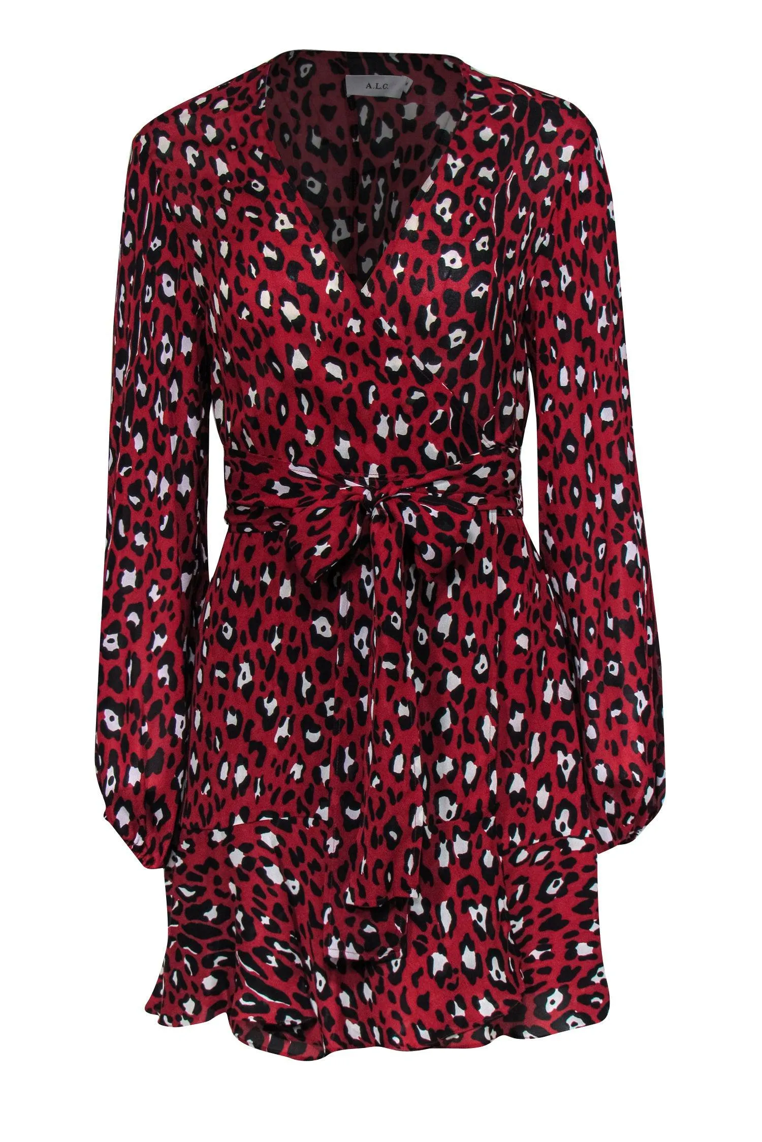 A.L.C. - Red & Black Leopard Print Silk Mini Wrap Dress Sz 8