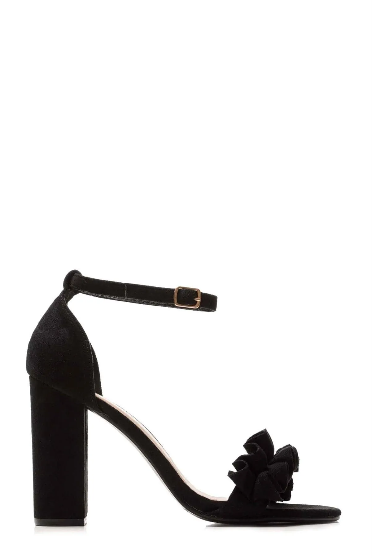 Ally Frill Detailed Anklestrap Sandal in Black Suede