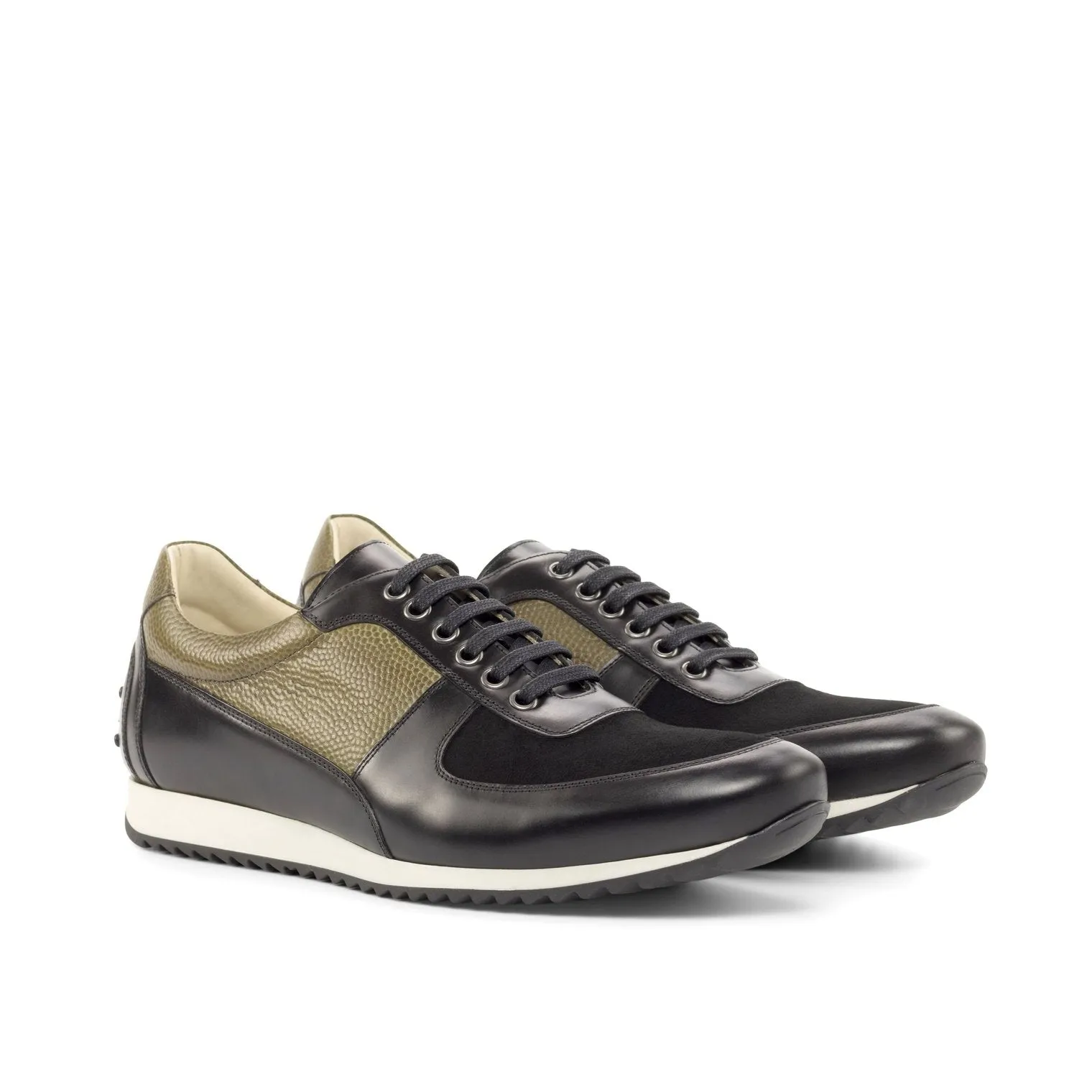 Ambrogio Bespoke Custom Men's Shoes Black & Olive Suede / Polished / Pebble Grain Leather Corsini Sneakers (AMB2182)