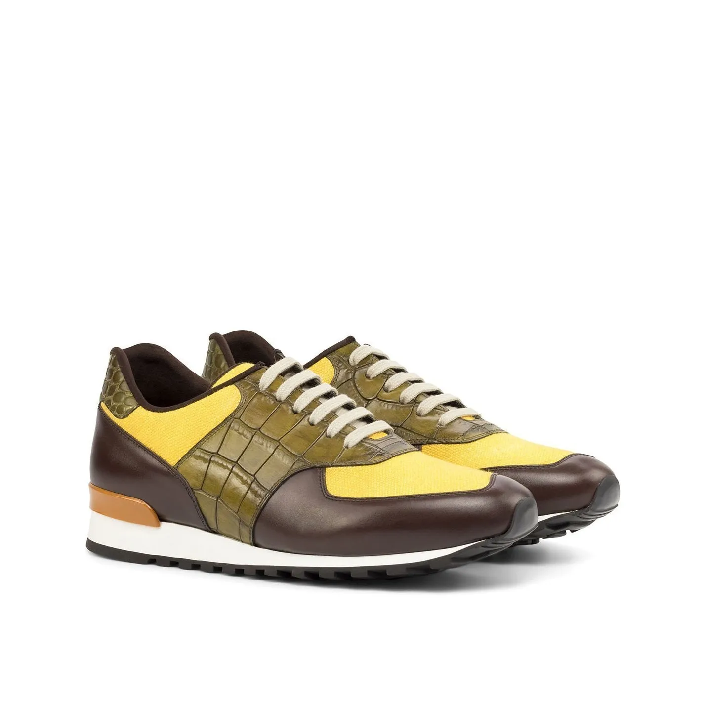 Ambrogio Bespoke Custom Men's Shoes Mustard, Brown & Olive Linen / Calf-Skin Leather Casual Sneakers (AMB1995)