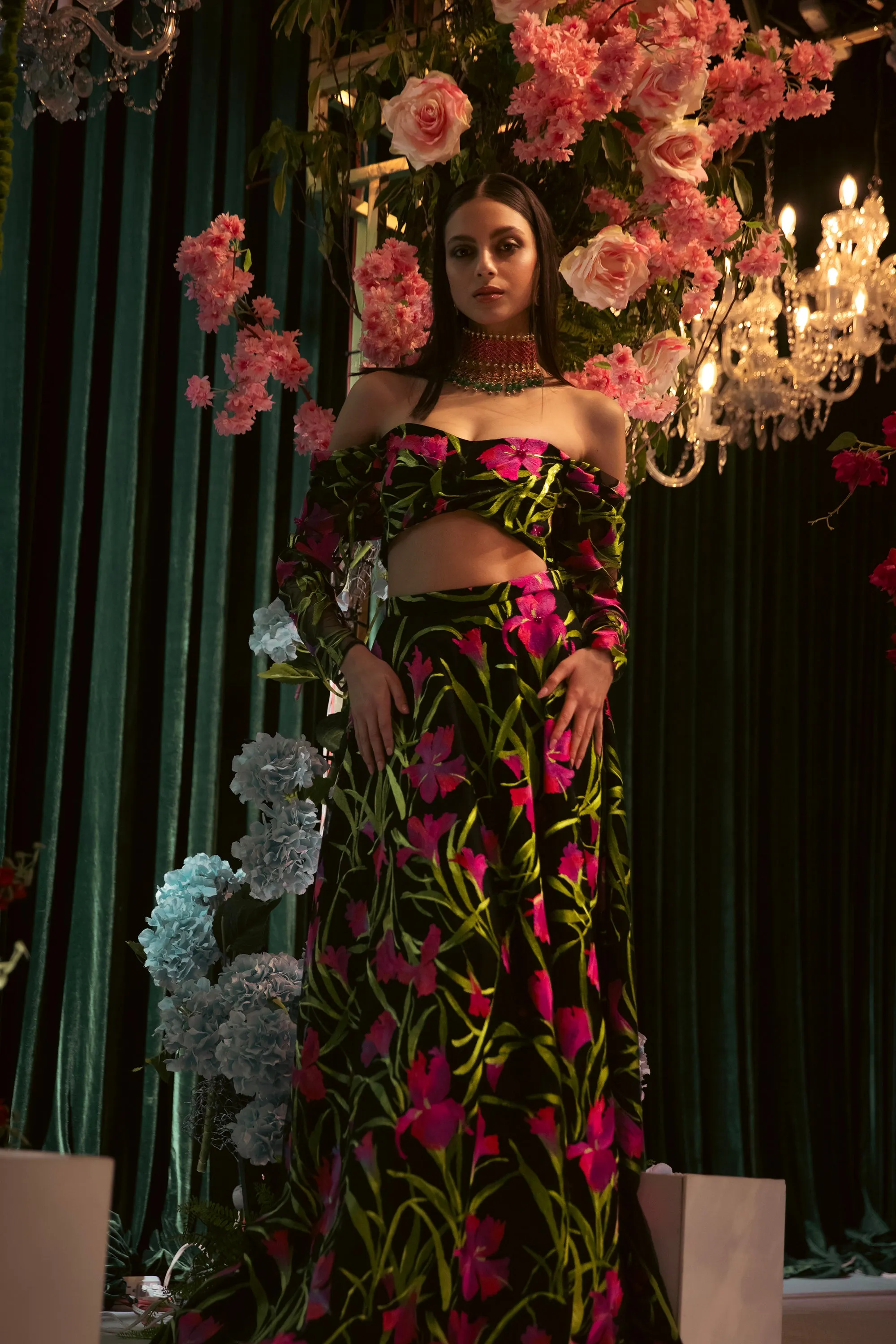 ATHENA Black and Fuchsia Floral Lehenga