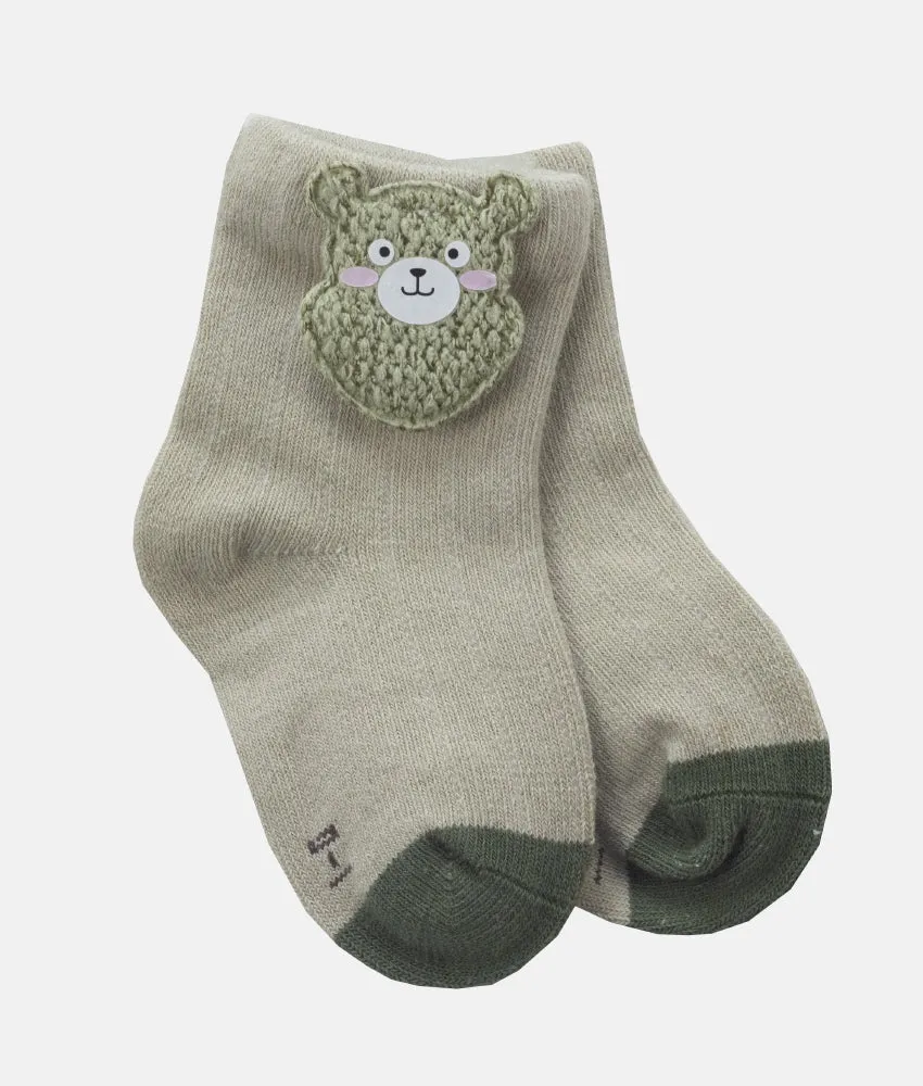 Baby Bear Face Socks Pair -  Olive Green