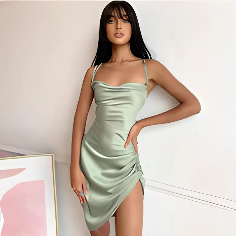 Backless Satin Criss Cross Drawstring Elegant Mini Dress