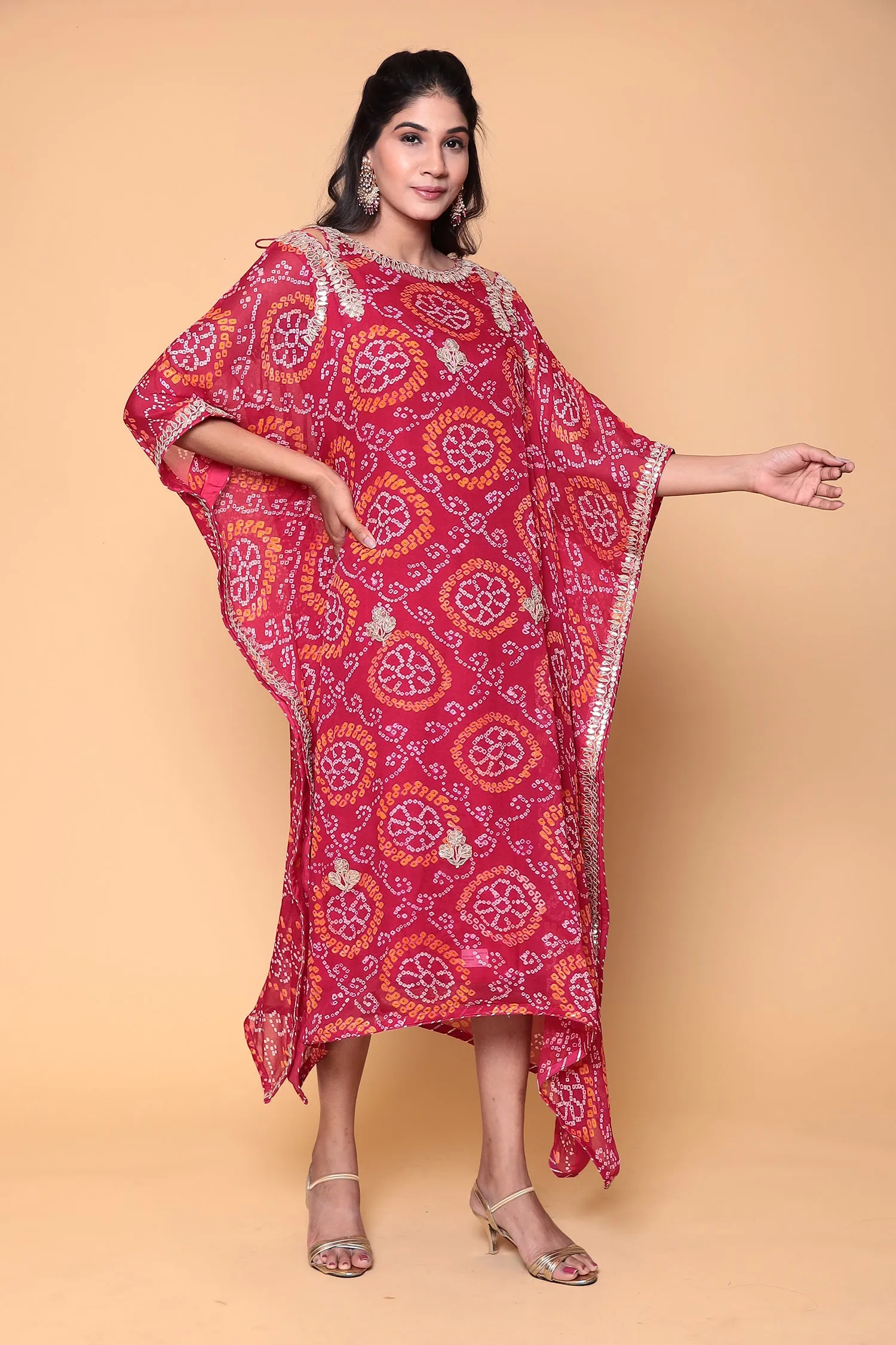 Bandhej Georgette bandhej Kaftan with Dori, Gota Patti work.