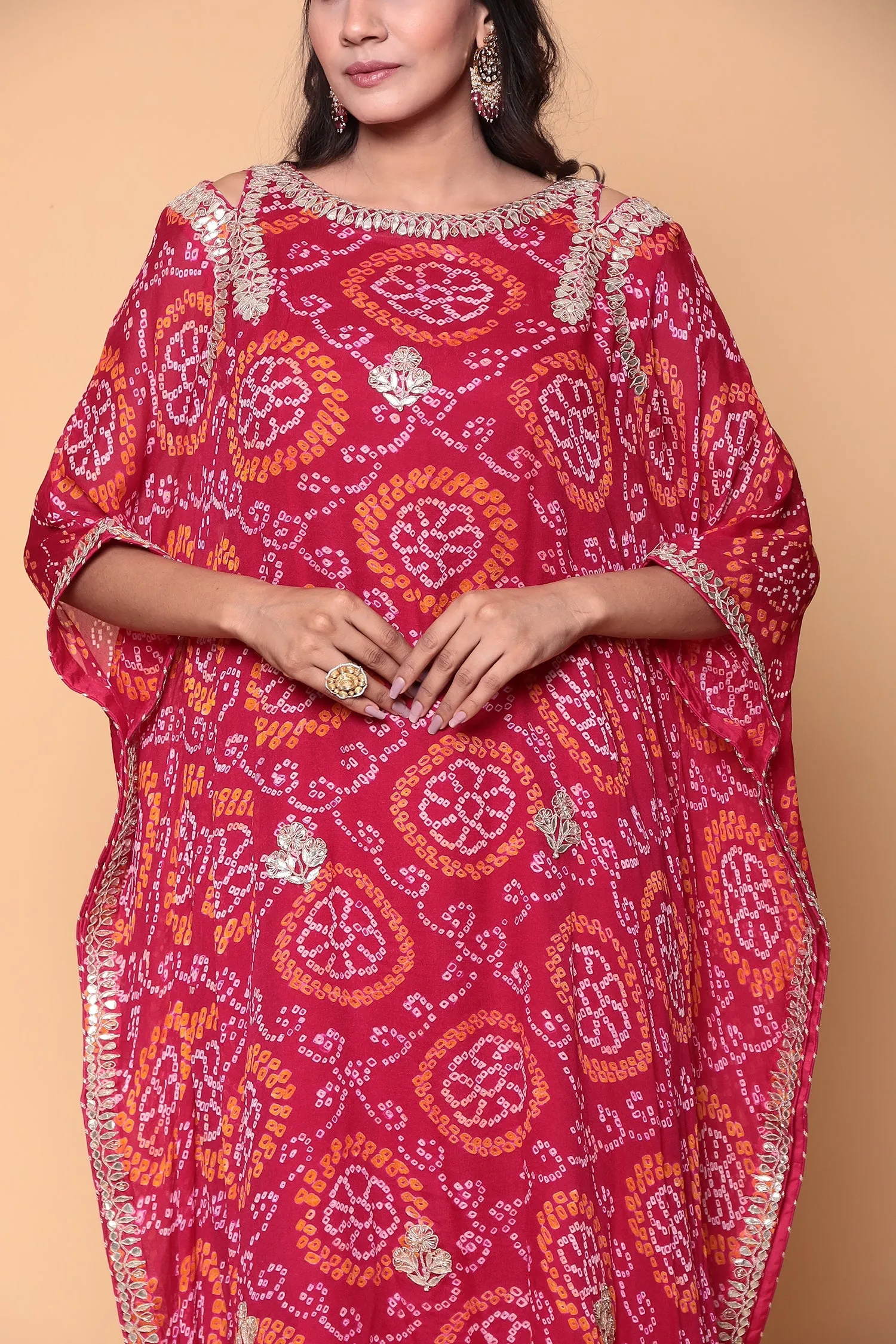 Bandhej Georgette bandhej Kaftan with Gota Patti work.