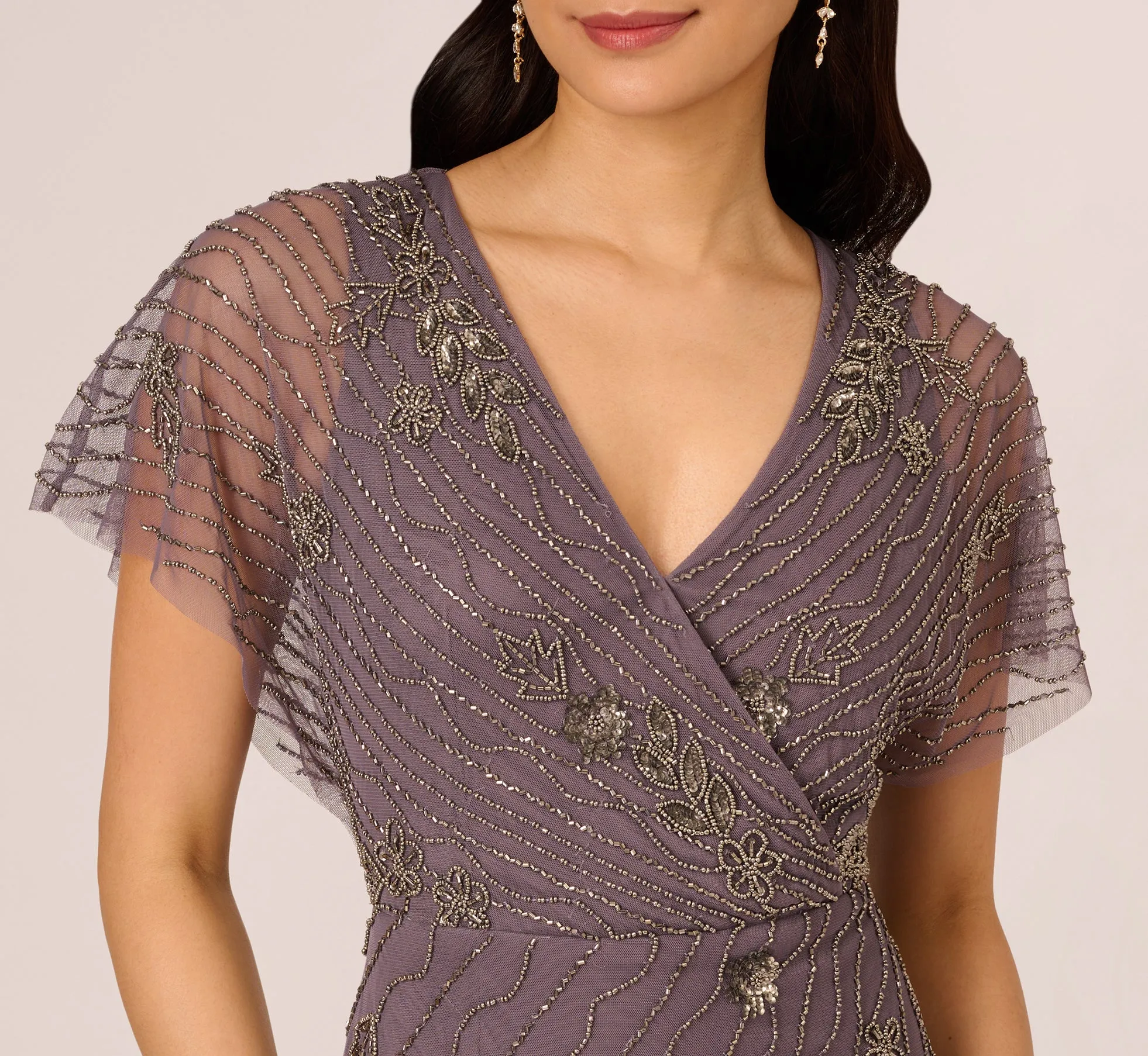 Beaded Ankle Length Dress With Sheer Flutter Sleeves In Moonscape