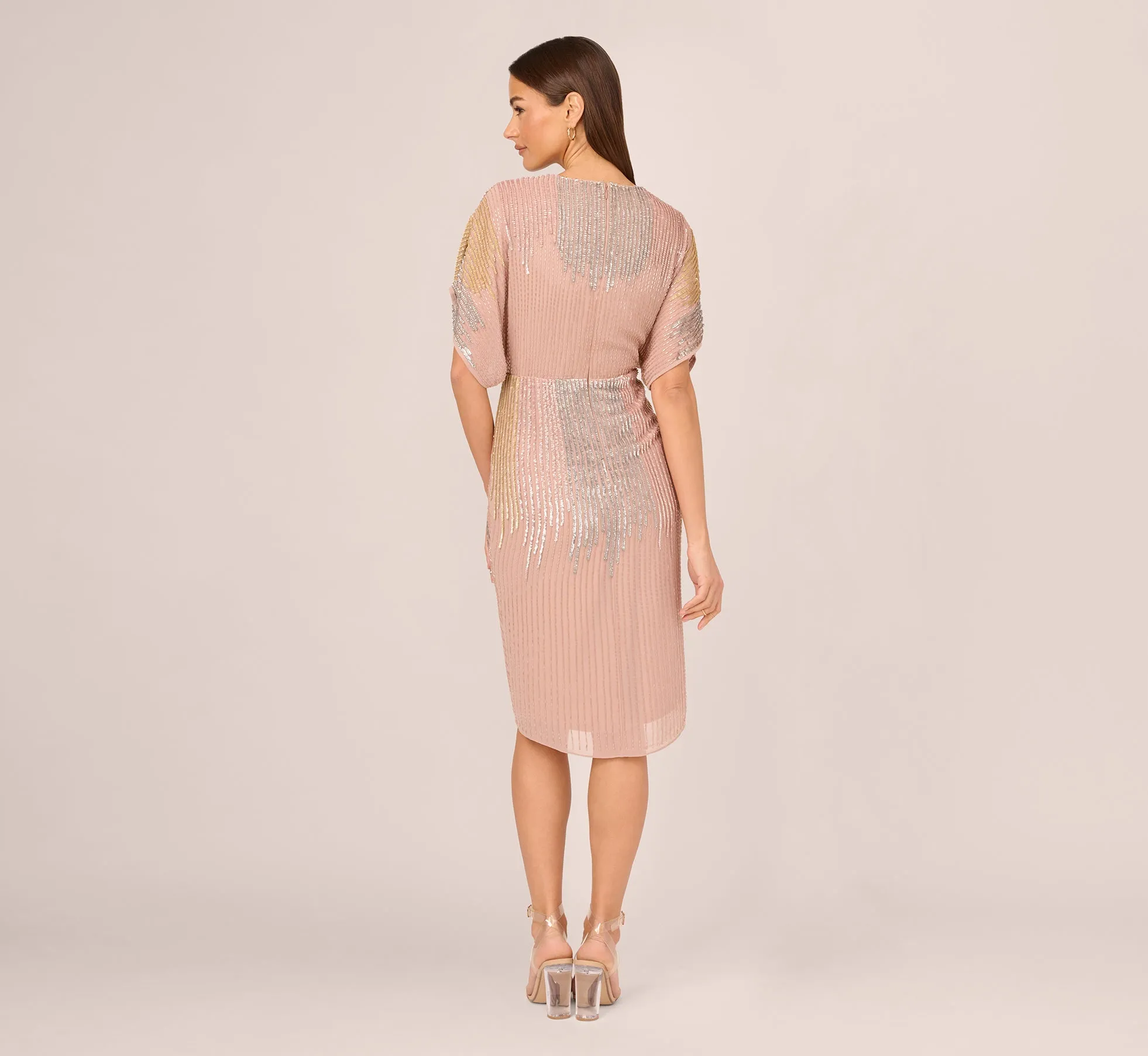 Beaded Faux Wrap Dress With Dolman Sleeves In Rose Gold