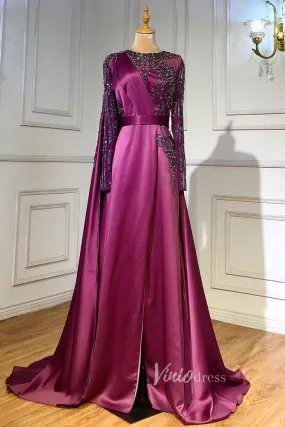 Beaded Satin Purple Evening Dresses Long Sleeve Pageant Dress FD3000