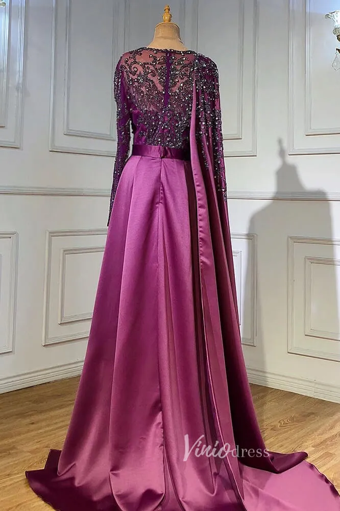 Beaded Satin Purple Evening Dresses Long Sleeve Pageant Dress FD3000