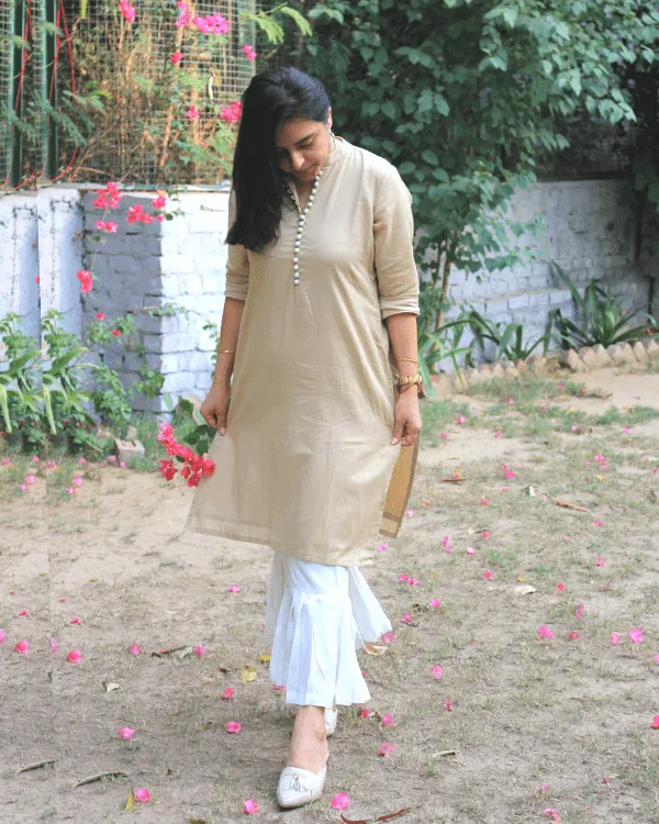 Beige Pearl Kurta & White Pleated Bottoms - Set of 2