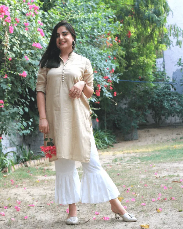 Beige Pearl Kurta & White Pleated Bottoms - Set of 2