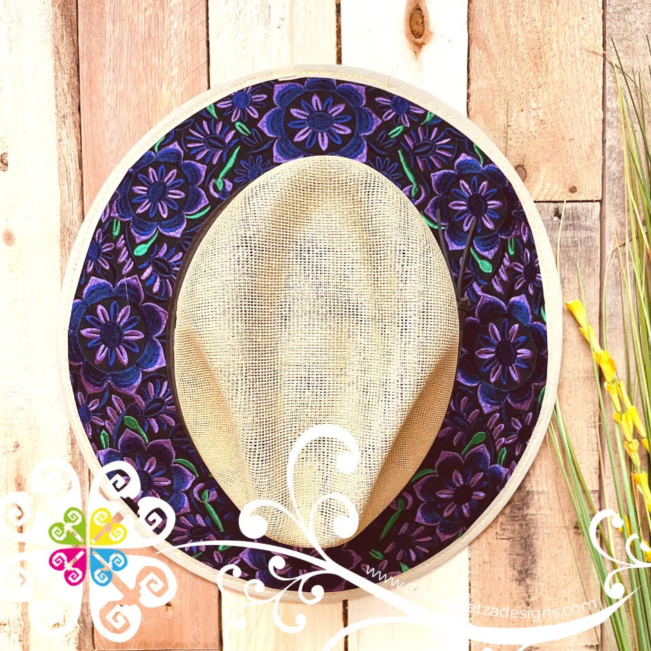 Beige Purple Flowers Embroider Summer Hat