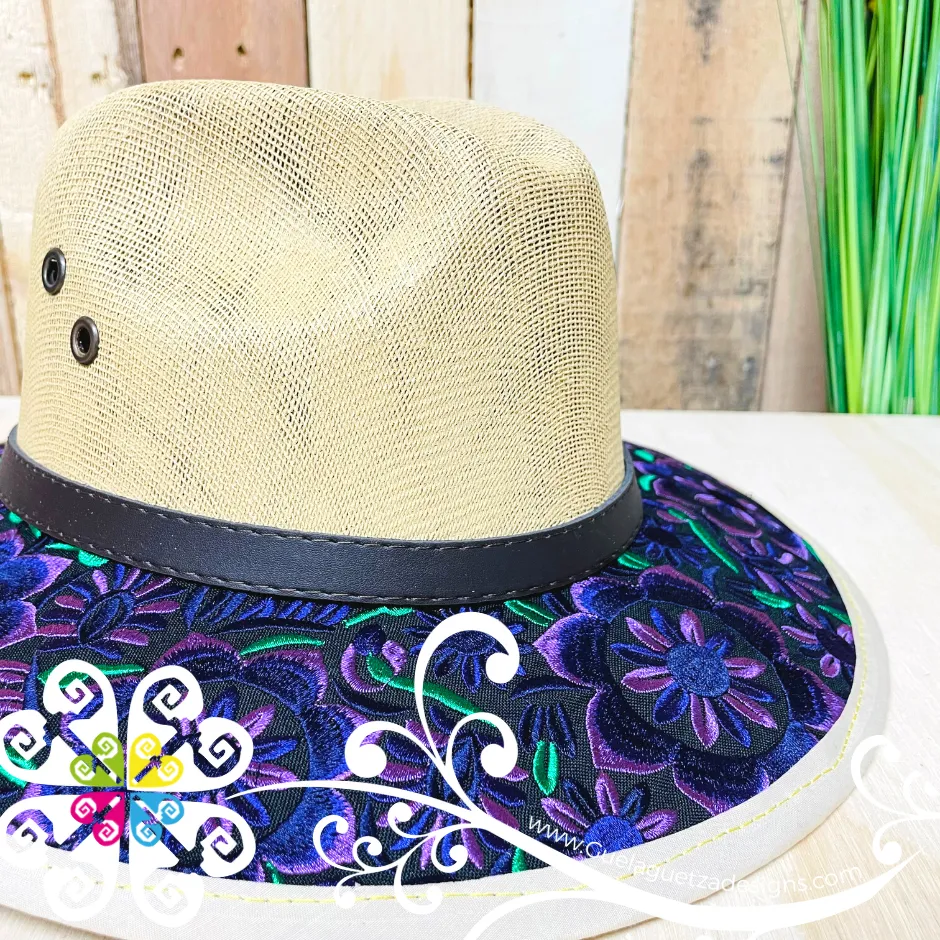 Beige Purple Flowers Embroider Summer Hat