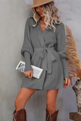 Belted Surplice Lantern Sleeve Wrap Sweater Dress