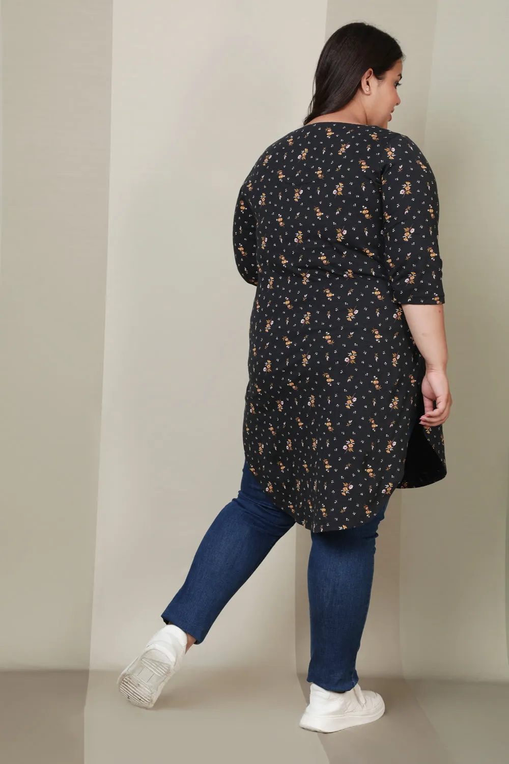 Black Floral Print Longline Tunic