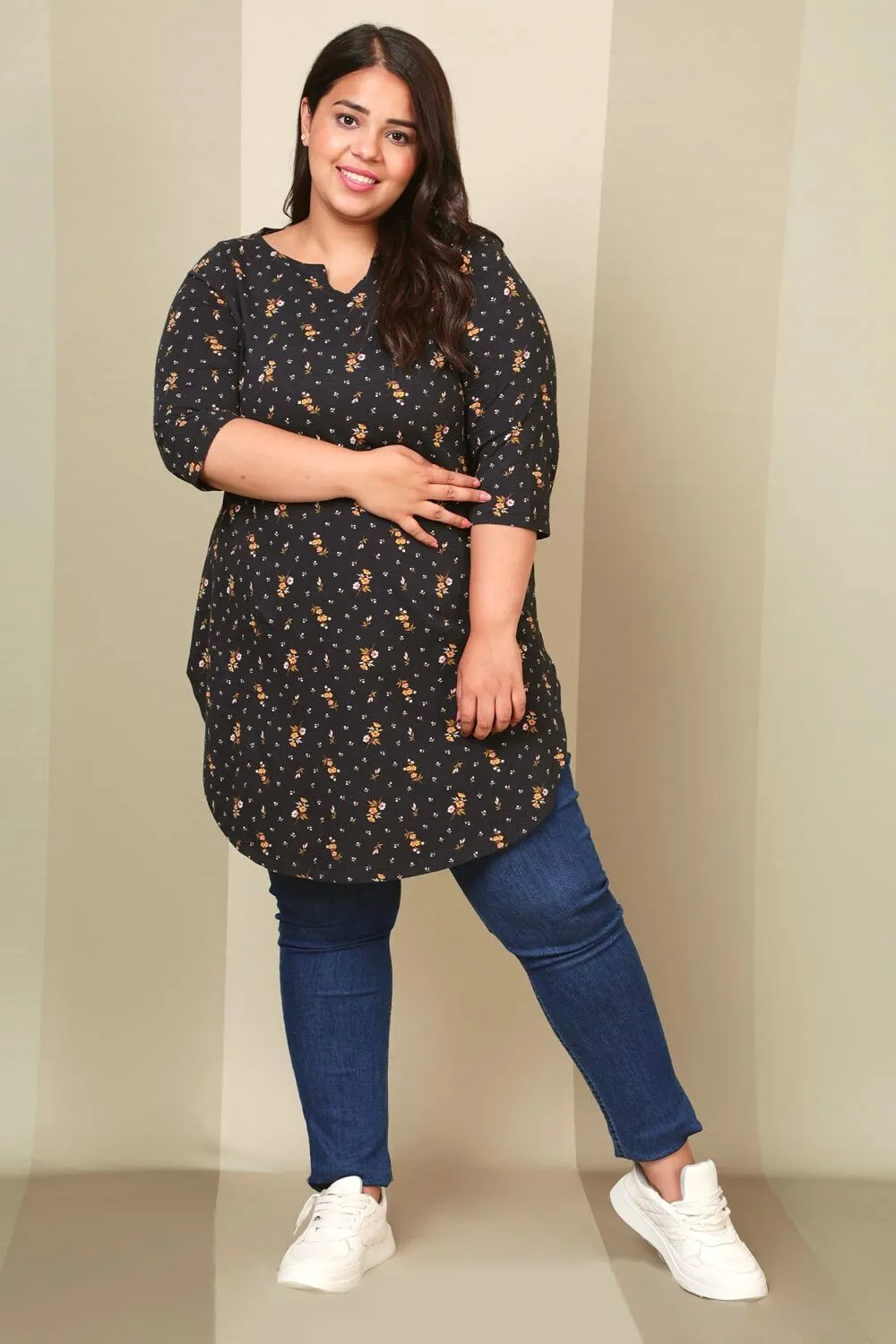 Black Floral Print Longline Tunic