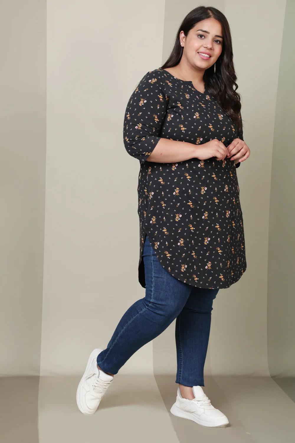 Black Floral Print Longline Tunic