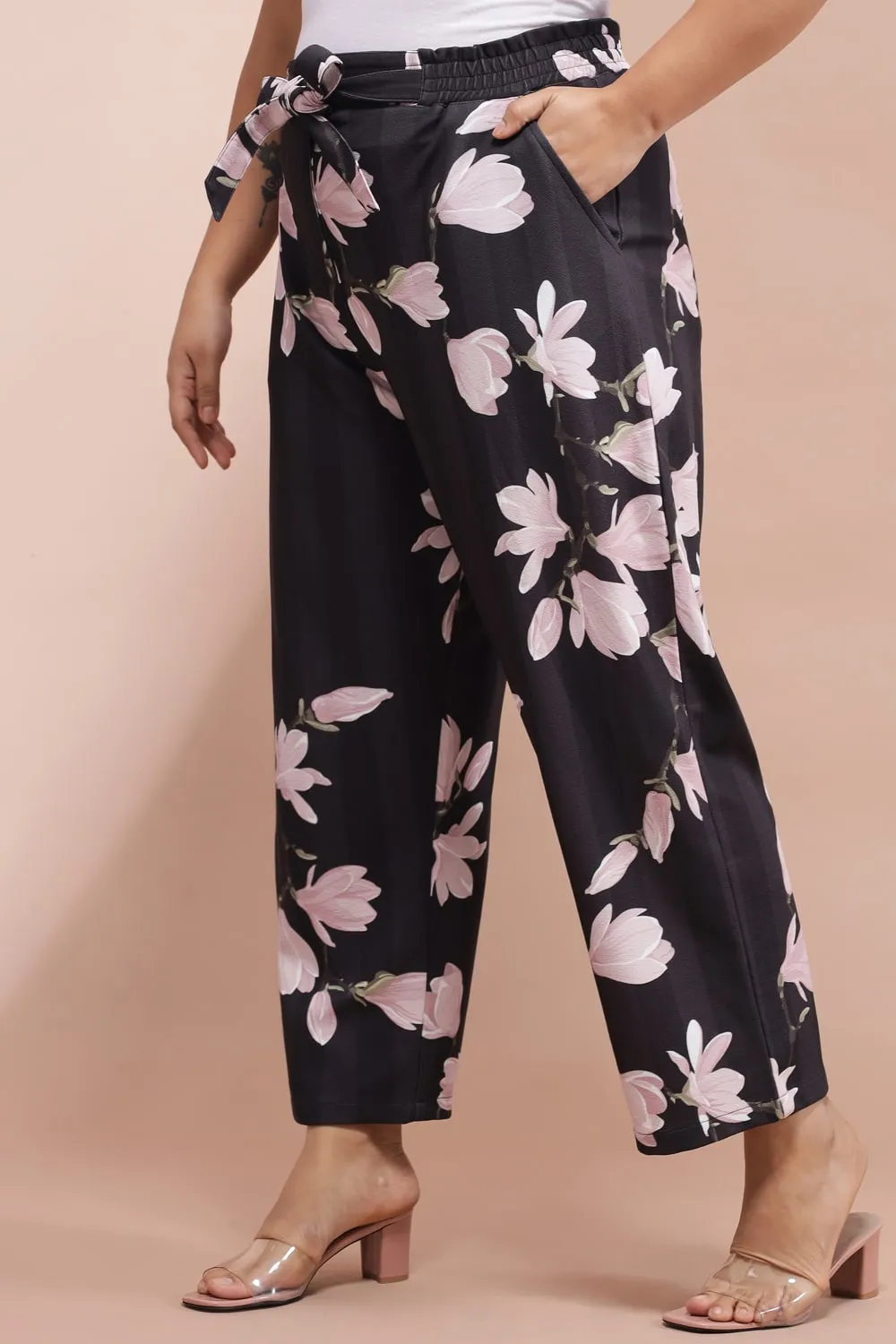 Black Floral Striped Pants