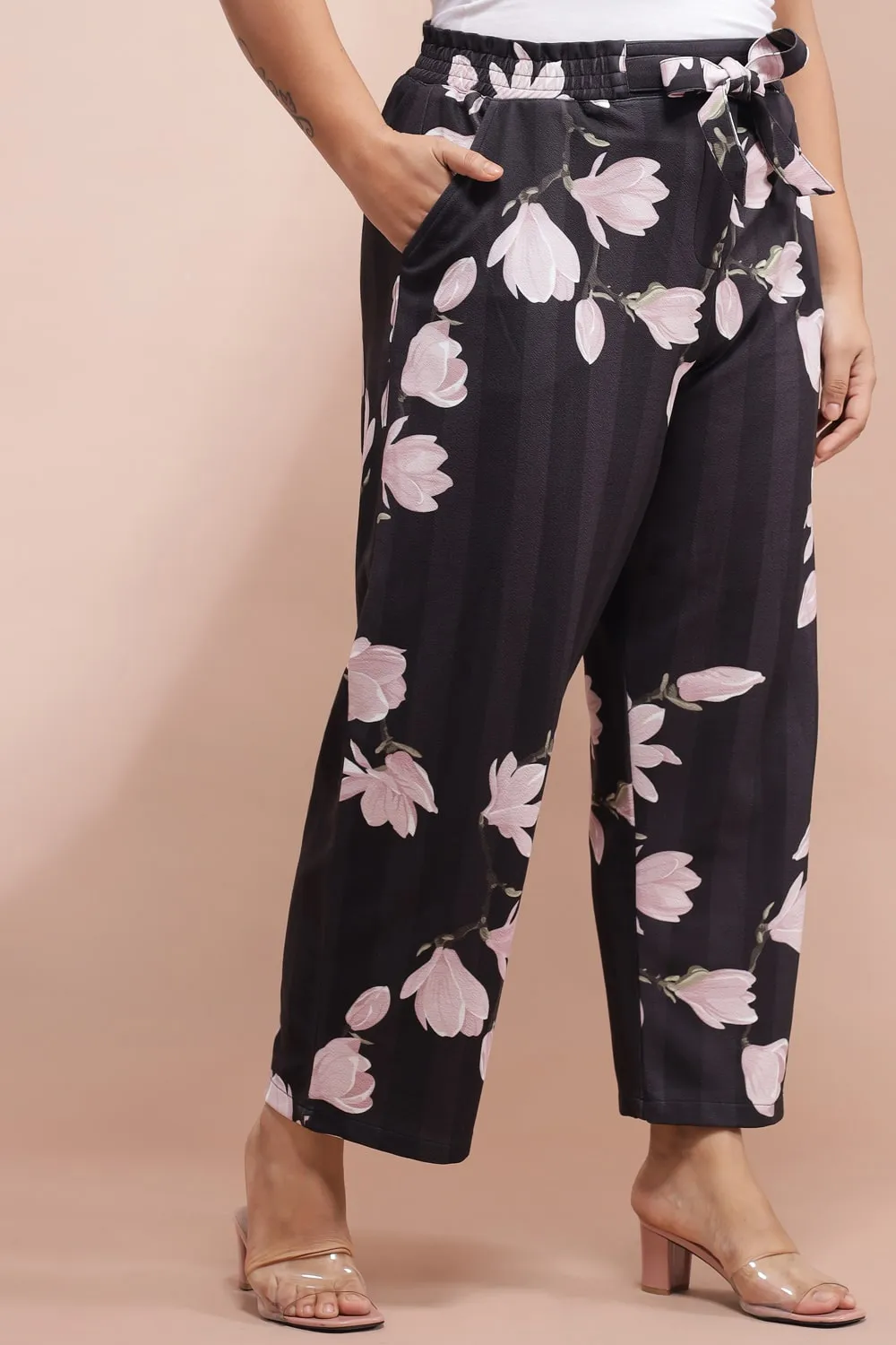 Black Floral Striped Pants