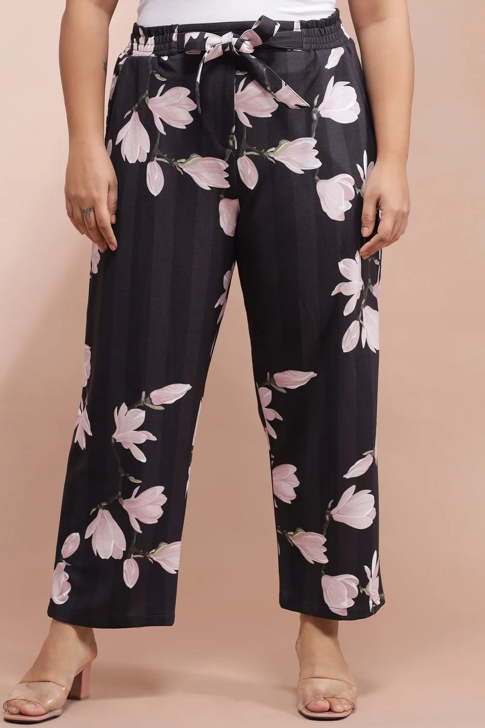 Black Floral Striped Pants