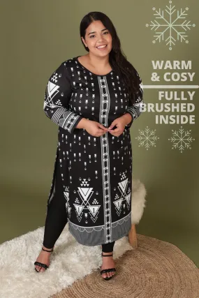 Black Geometric Ethnic Art Woolen Winter Kurti