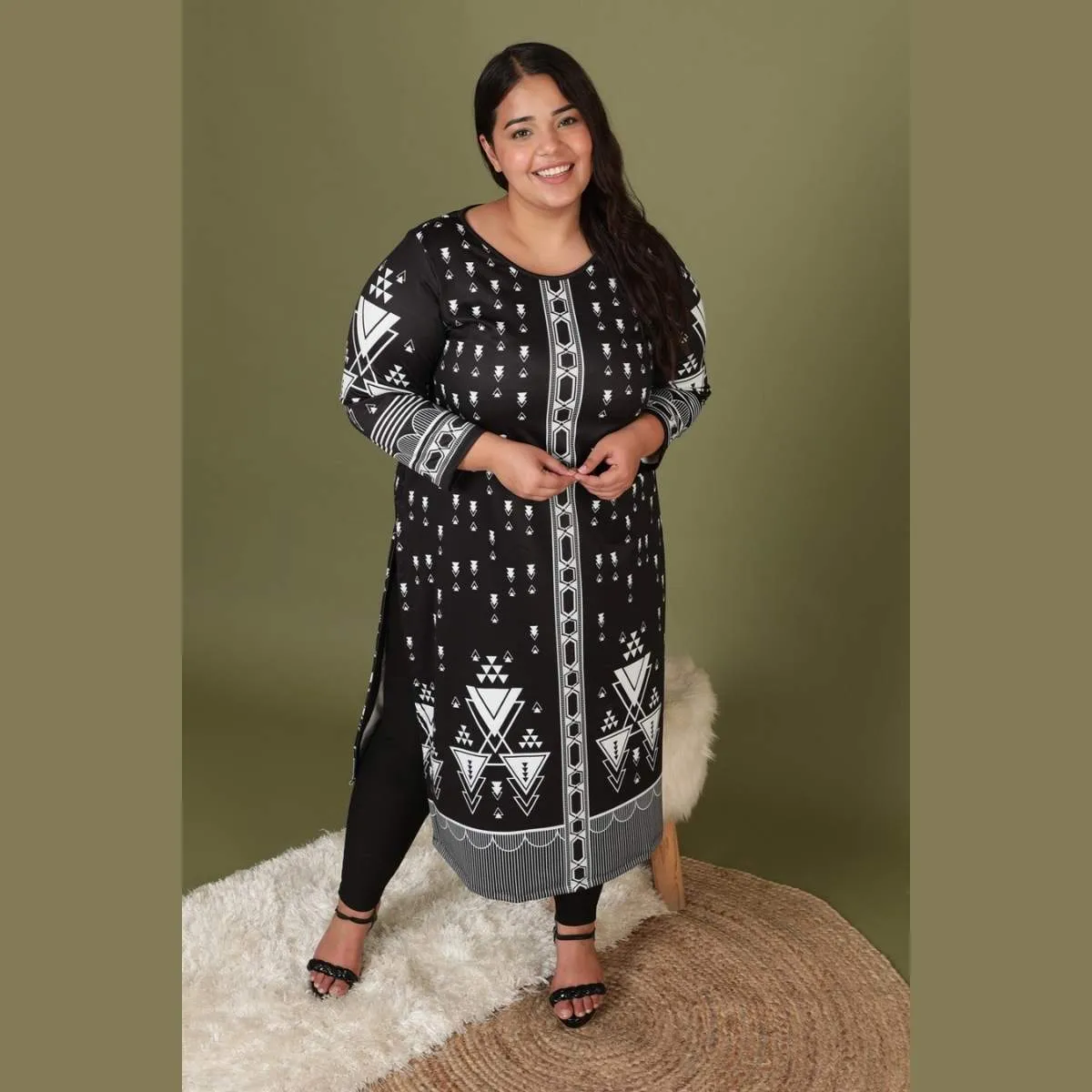 Black Geometric Ethnic Art Woolen Winter Kurti