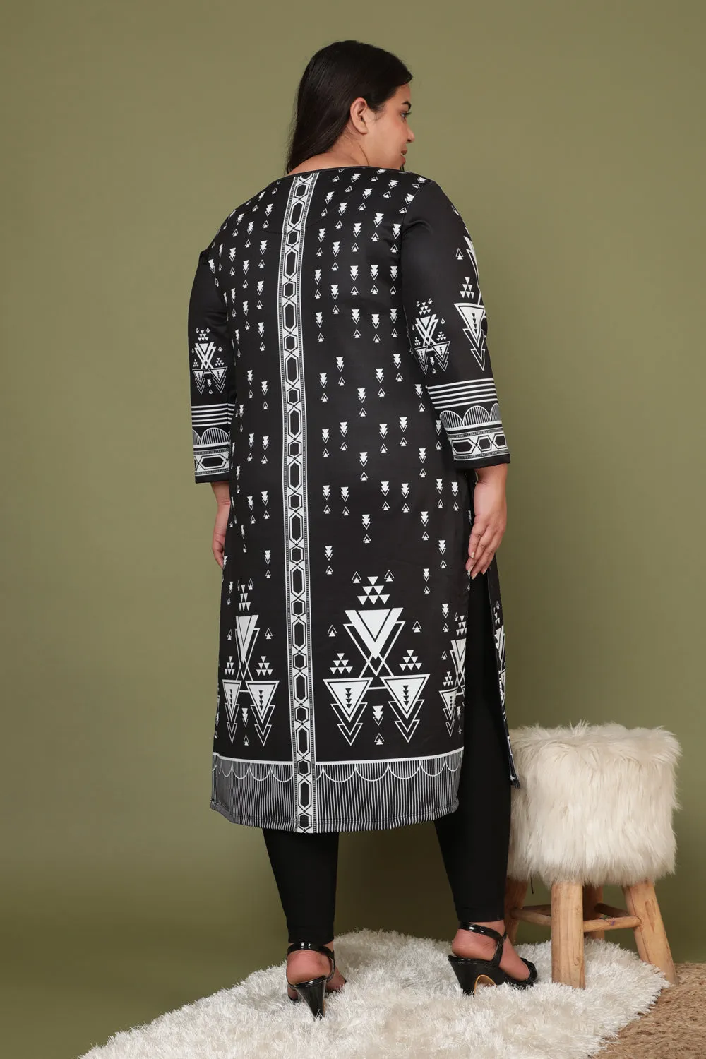 Black Geometric Ethnic Art Woolen Winter Kurti