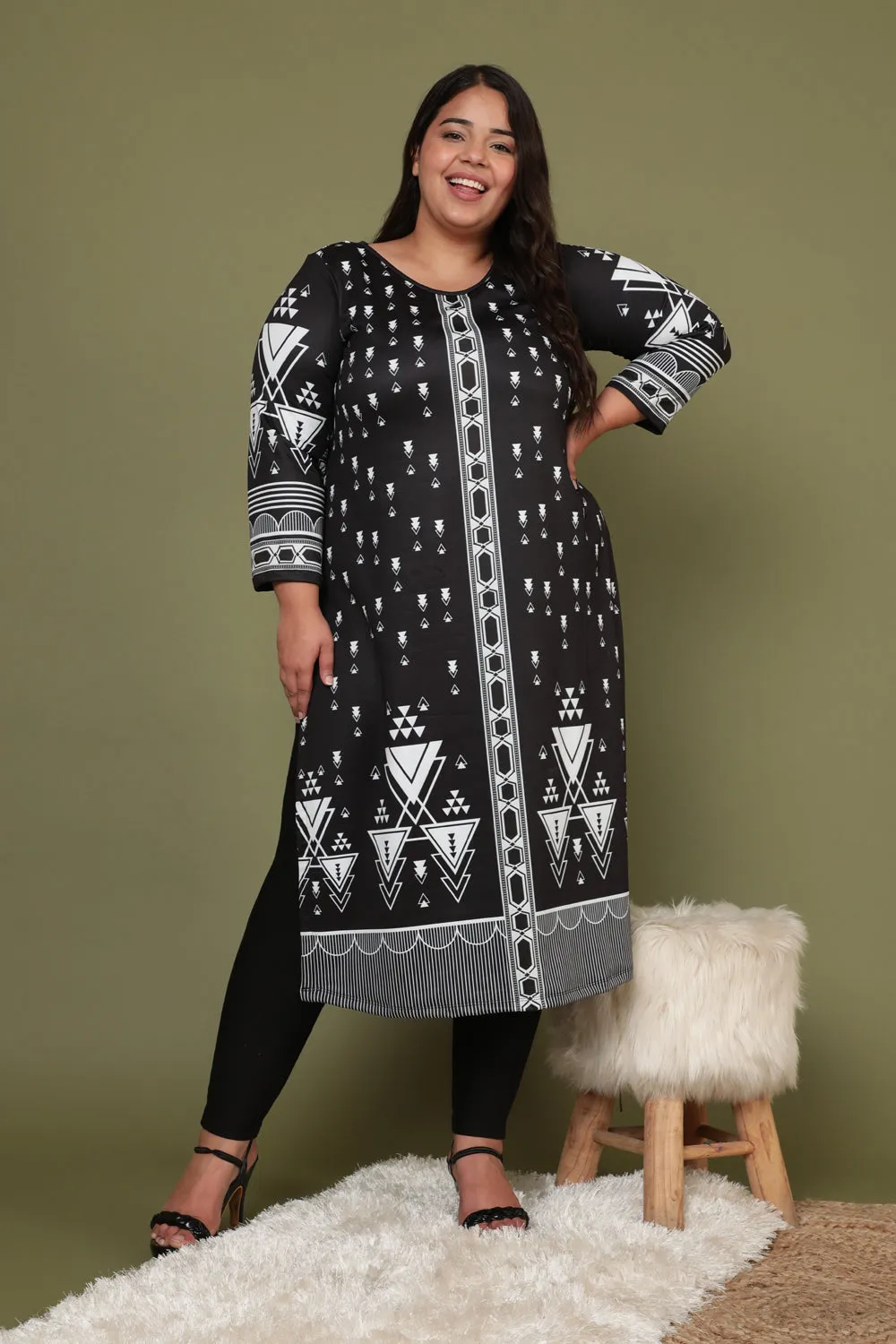 Black Geometric Ethnic Art Woolen Winter Kurti