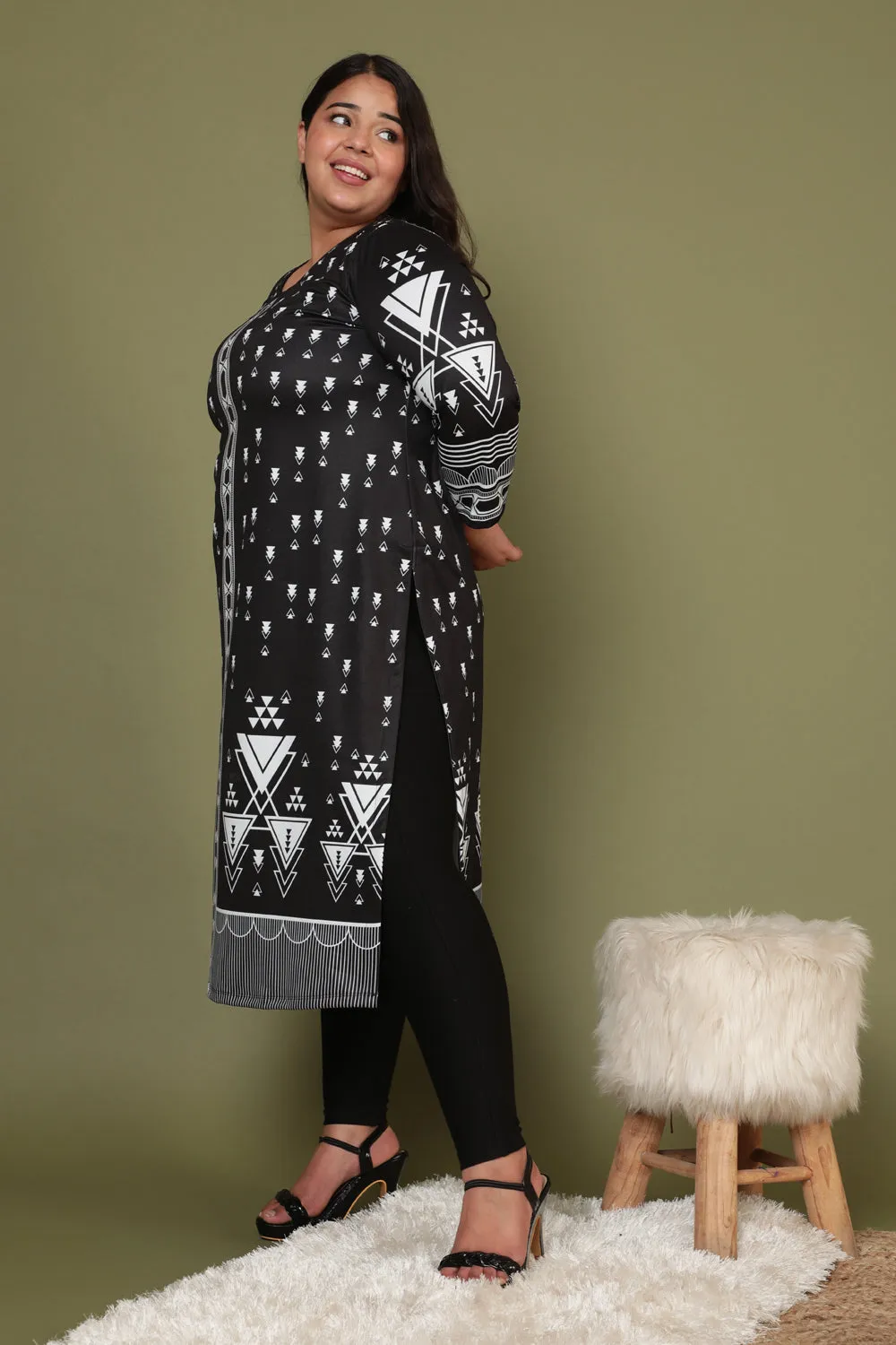 Black Geometric Ethnic Art Woolen Winter Kurti