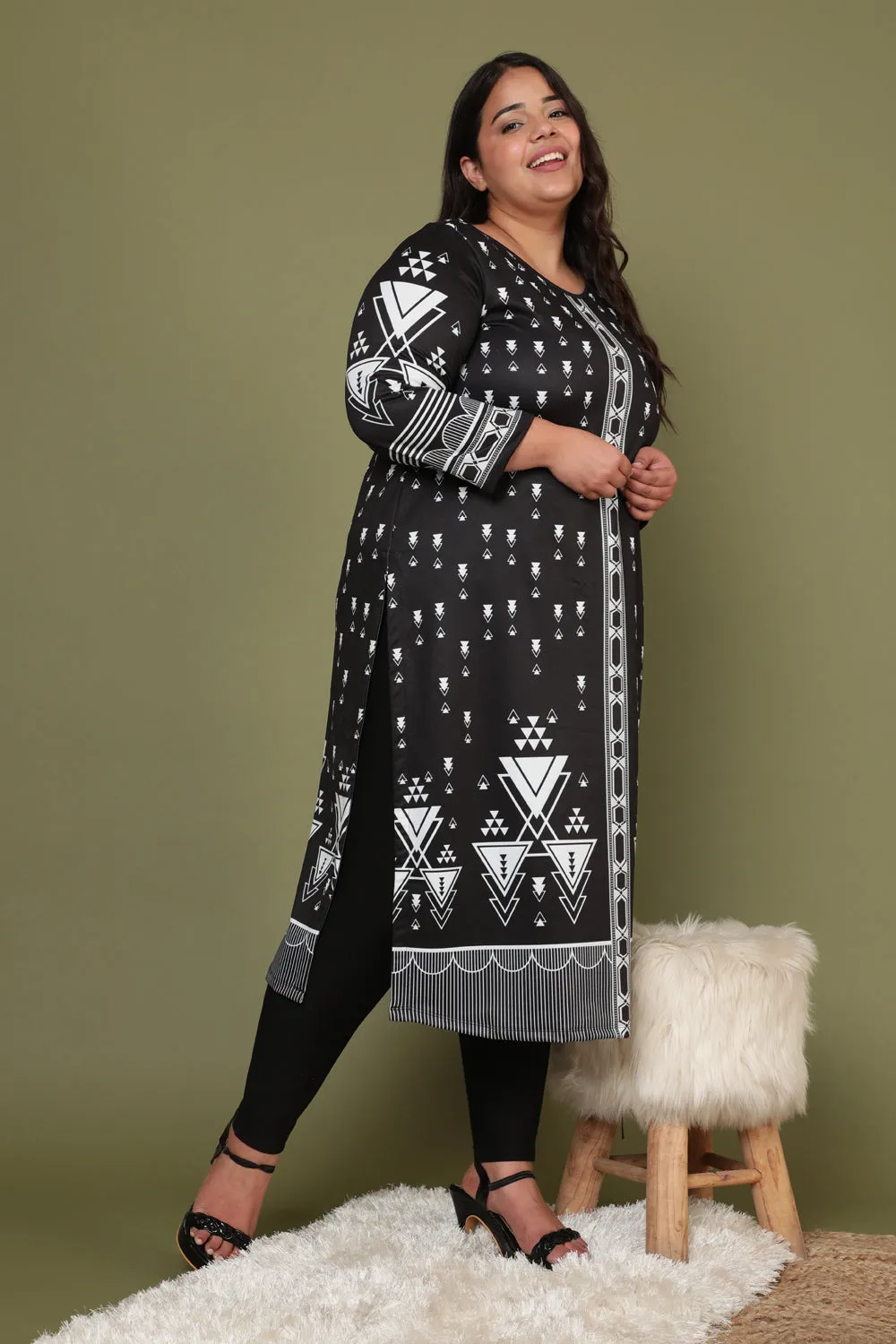 Black Geometric Ethnic Art Woolen Winter Kurti