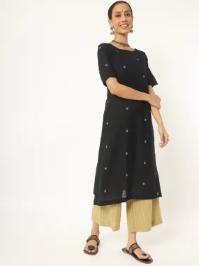 Black Muslin Cotton Jamdani A-line Kurti with Trouser