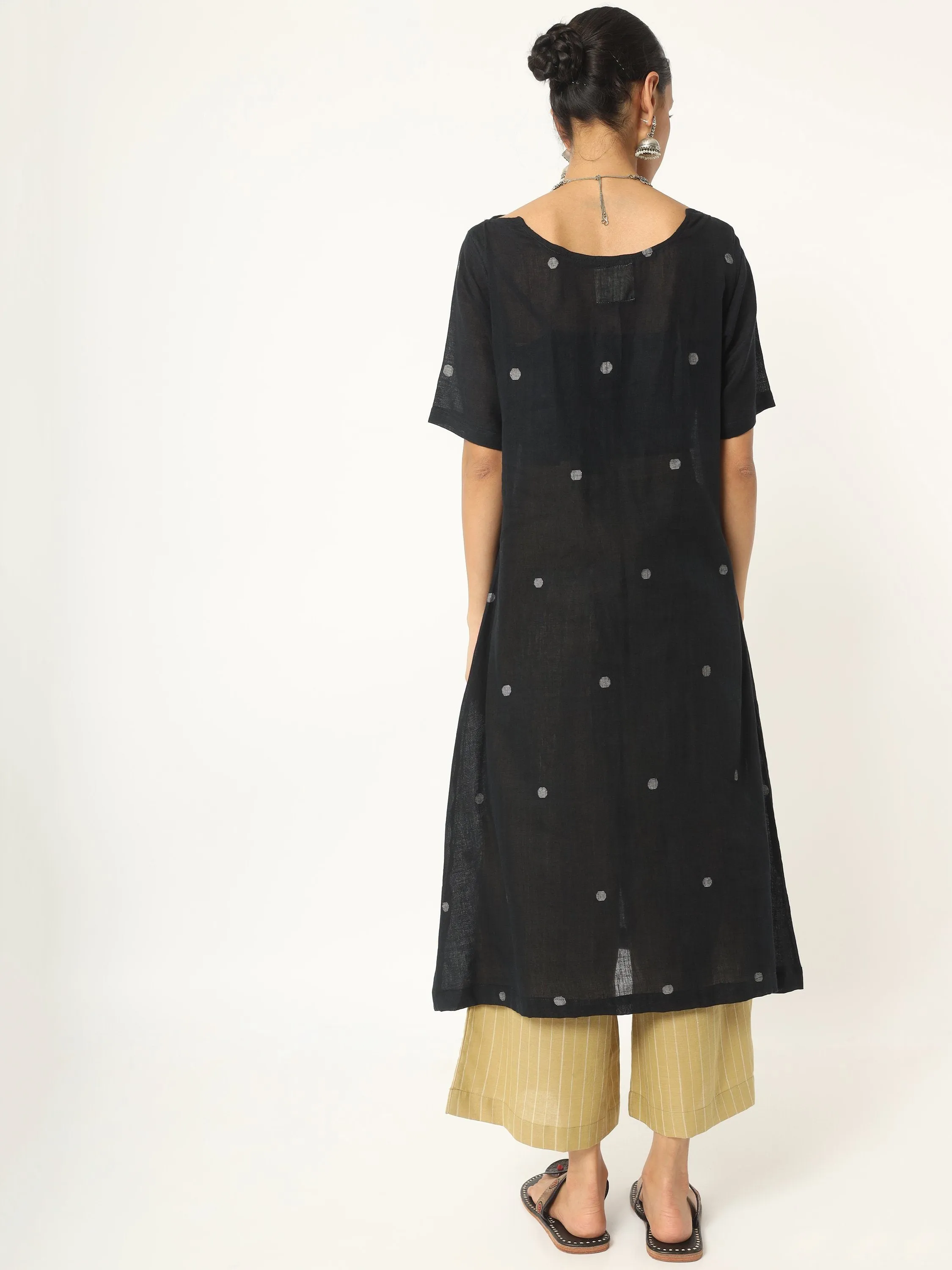 Black Muslin Cotton Jamdani A-line Kurti with Trouser