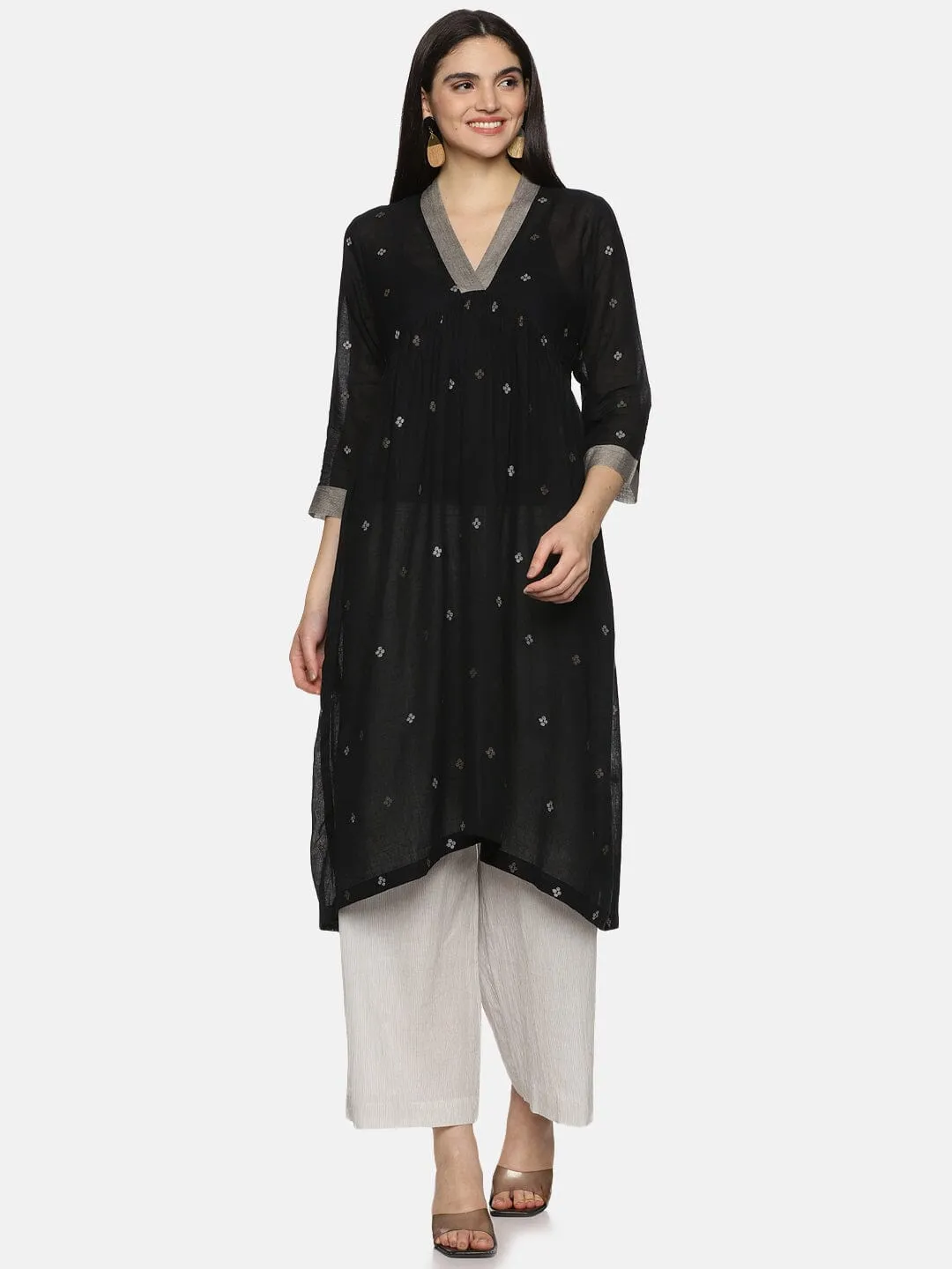 Black Muslin Cotton Jamdani Gather Dress with Trouser