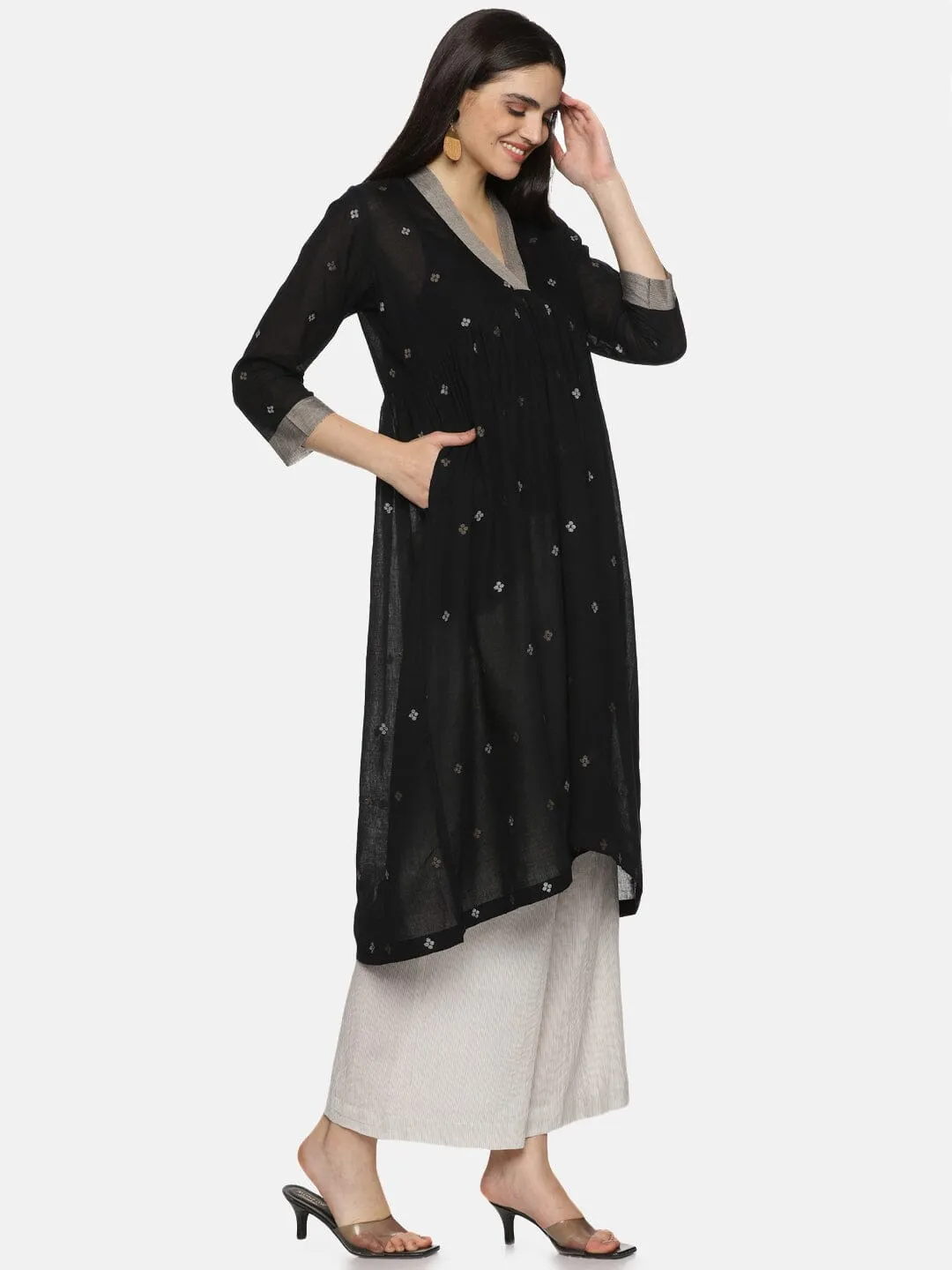 Black Muslin Cotton Jamdani Gather Dress with Trouser