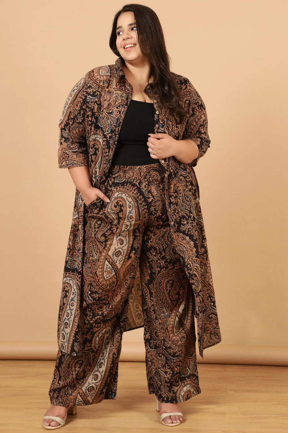 Black Paisley Print Cotton Kurta Shrug