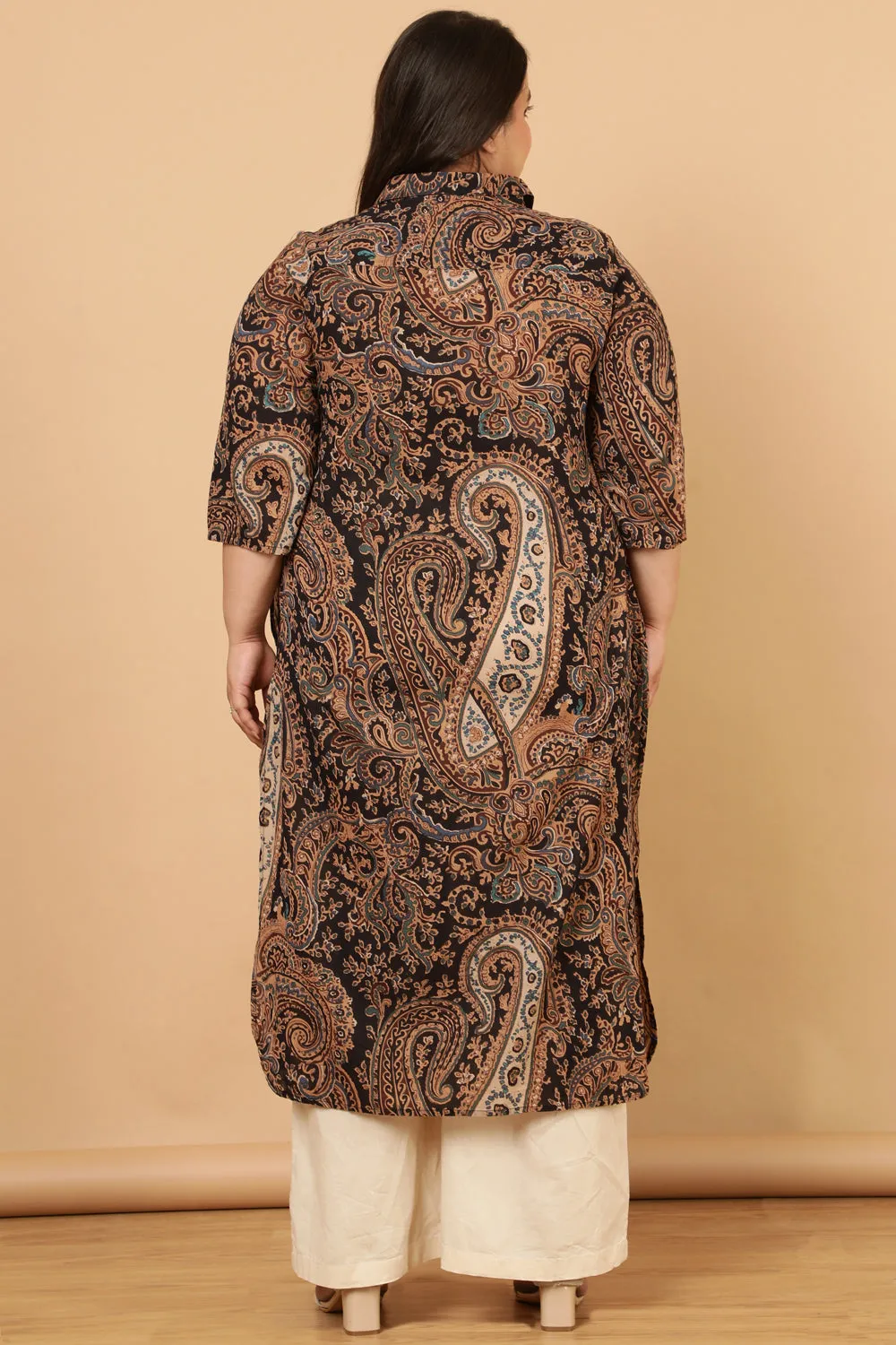 Black Paisley Print Cotton Kurta Shrug