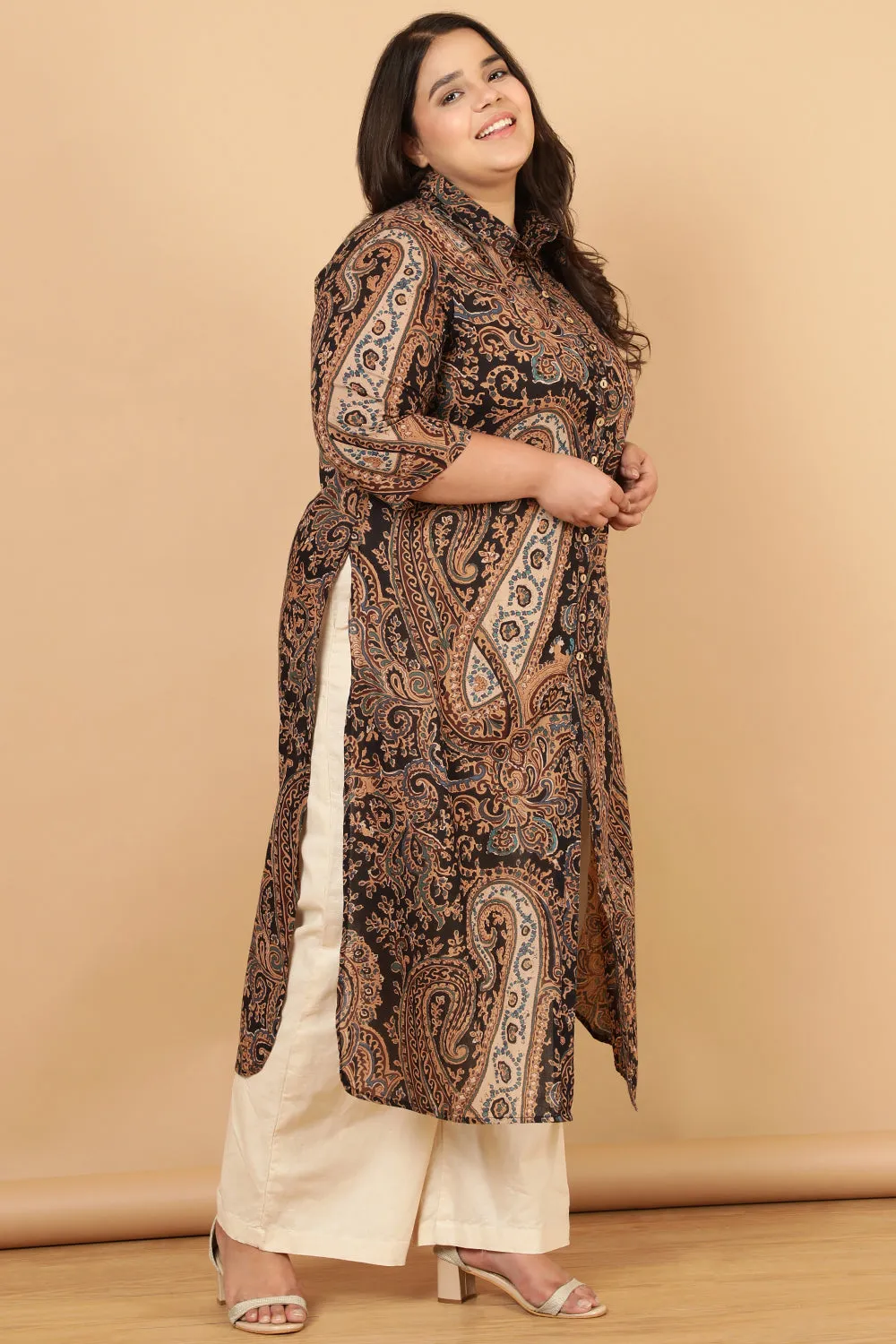 Black Paisley Print Cotton Kurta Shrug