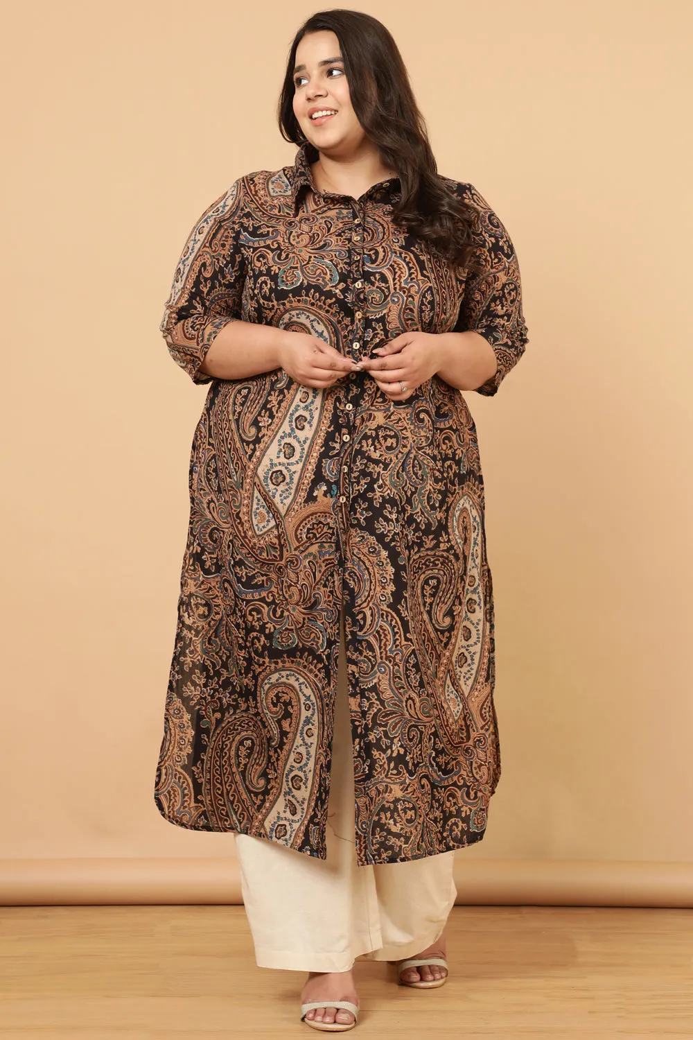 Black Paisley Print Cotton Kurta Shrug